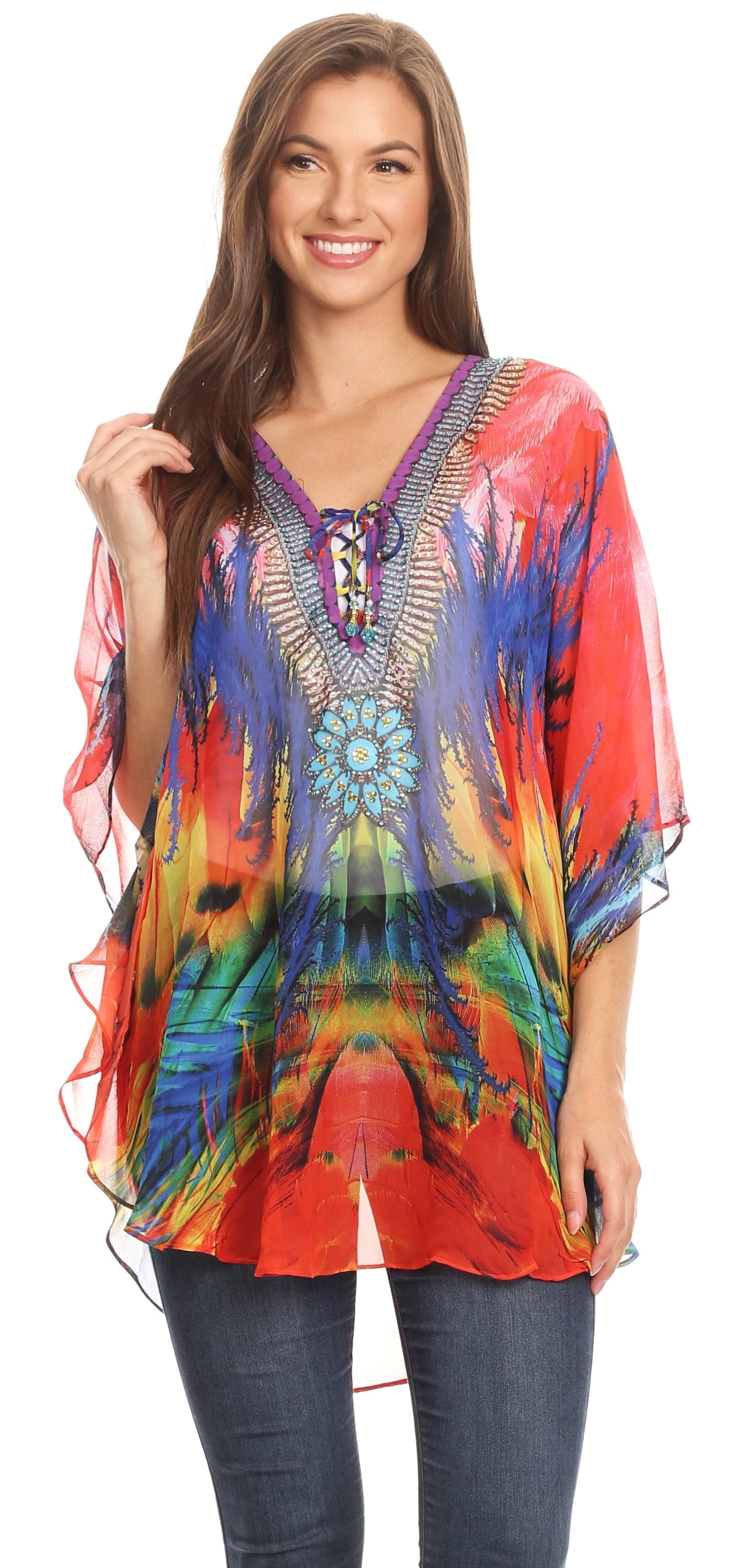 Sakkas - Sloane Printed V Neck Loose Fit Casual Circle Top Blouse with Ties