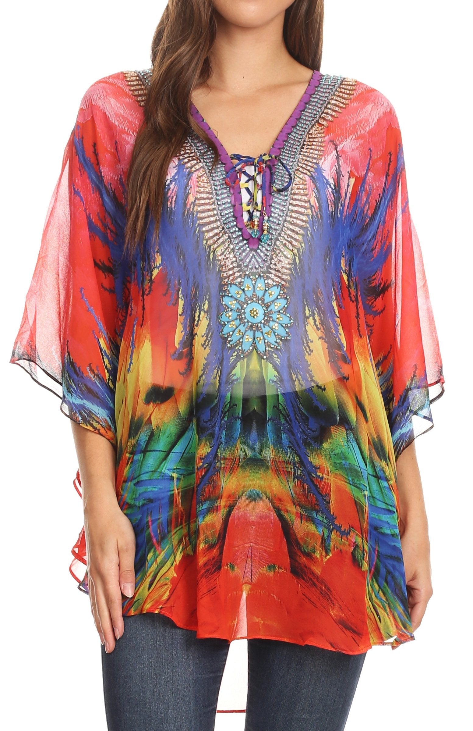 Sakkas - Sloane Printed V Neck Loose Fit Casual Circle Top Blouse with Ties