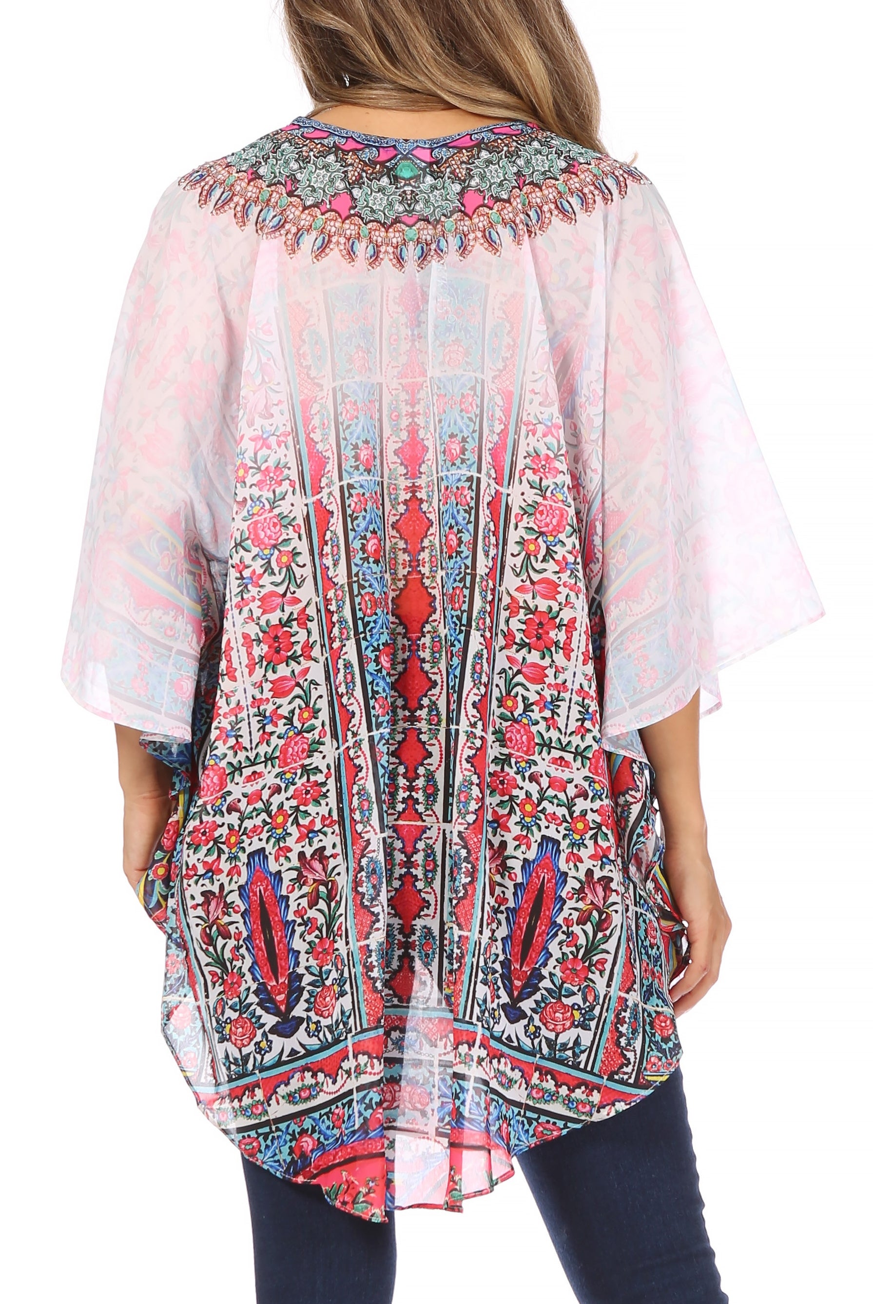 Sakkas - Sloane Printed V Neck Loose Fit Casual Circle Top Blouse with Ties