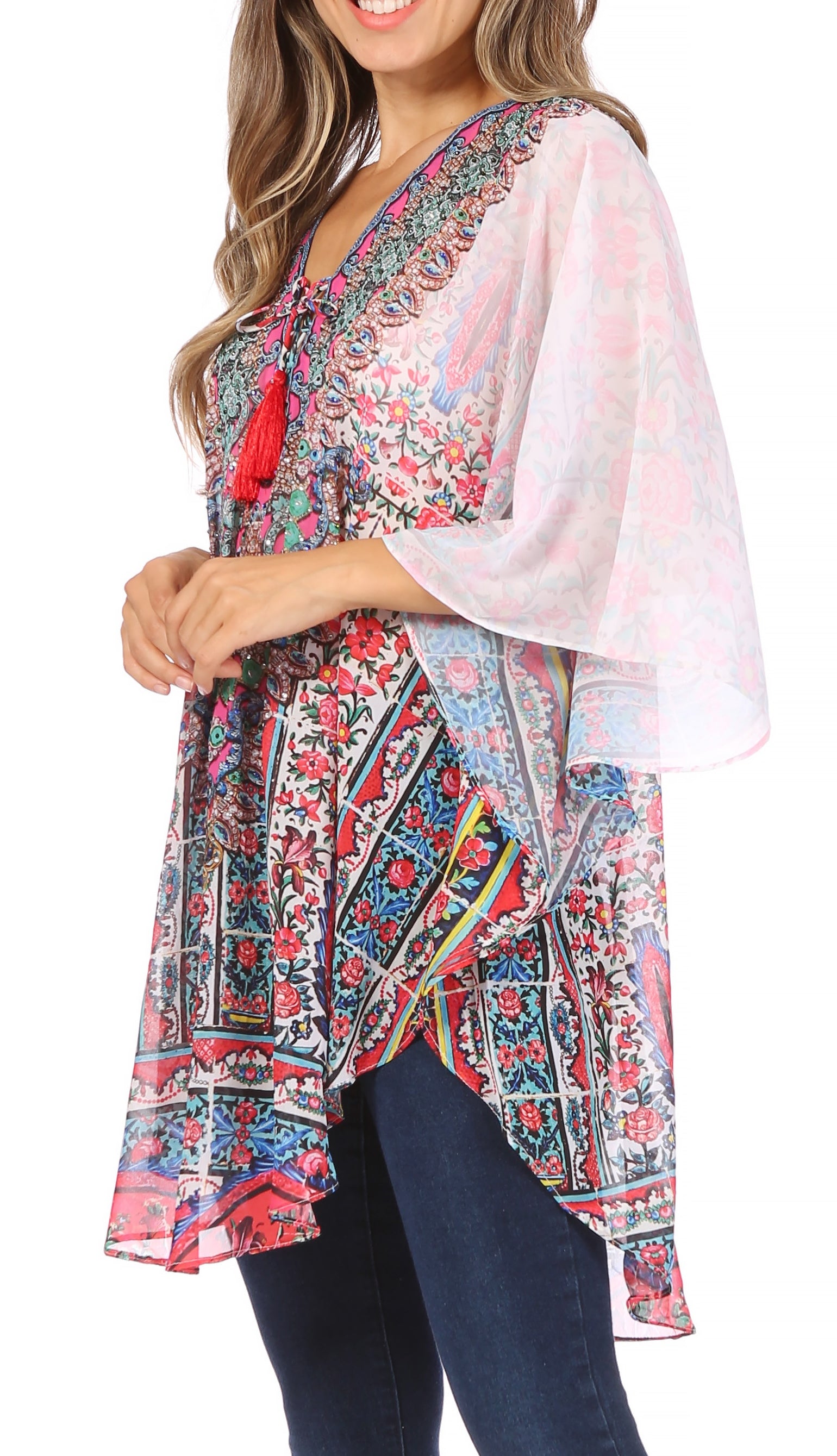 Sakkas - Sloane Printed V Neck Loose Fit Casual Circle Top Blouse with Ties