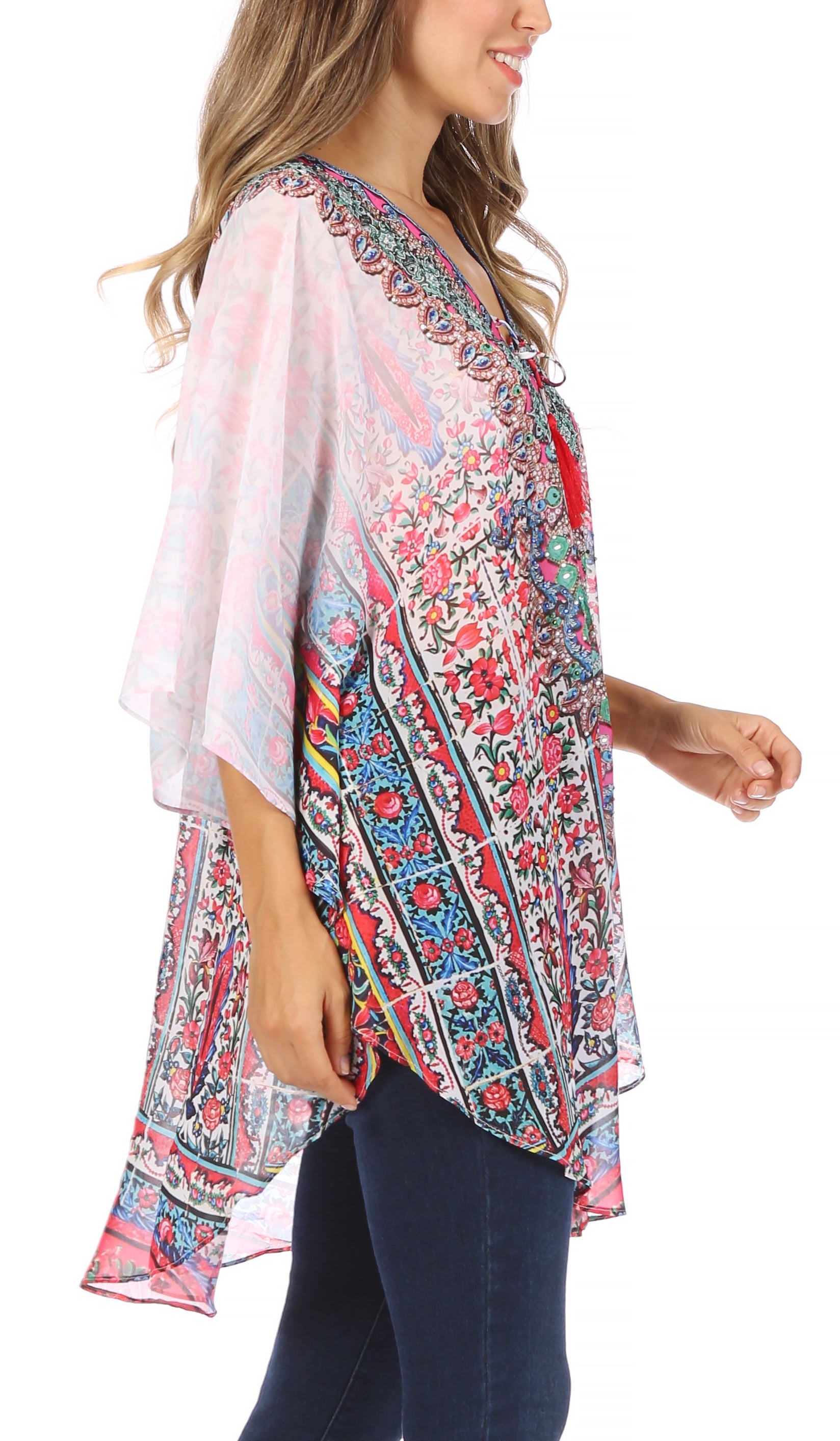 Sakkas - Sloane Printed V Neck Loose Fit Casual Circle Top Blouse with Ties