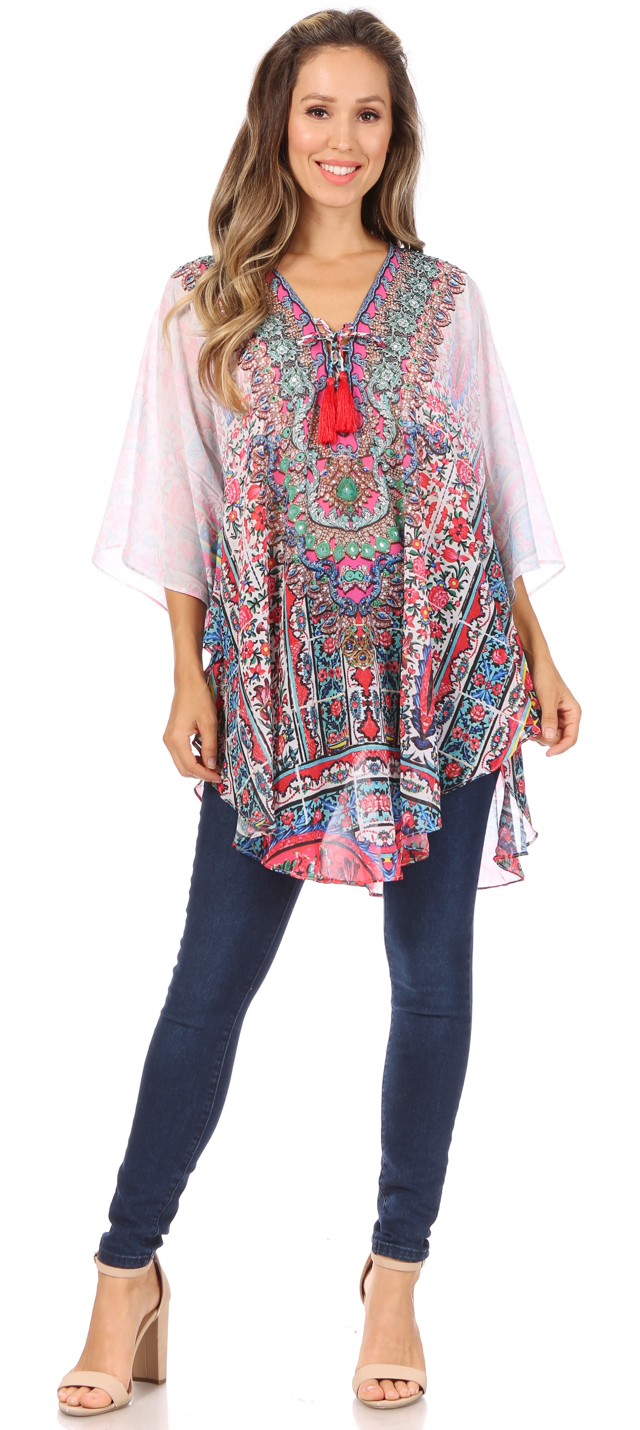 Sakkas - Sloane Printed V Neck Loose Fit Casual Circle Top Blouse with Ties