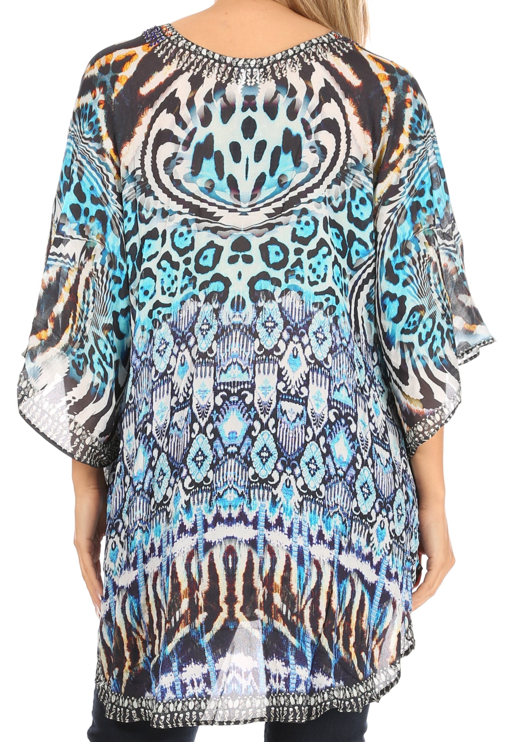 Sakkas - Sloane Printed V Neck Loose Fit Casual Circle Top Blouse with Ties