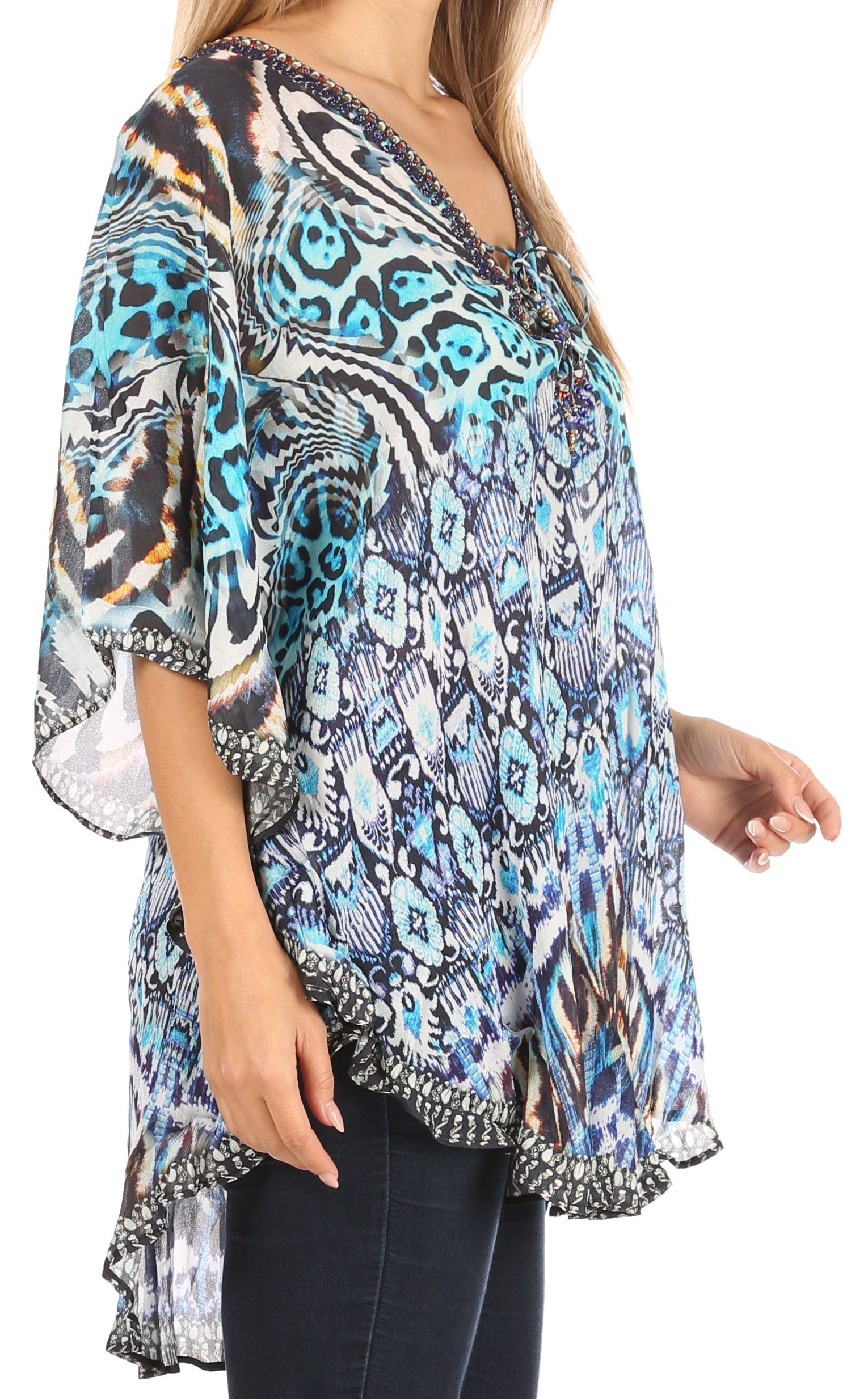 Sakkas - Sloane Printed V Neck Loose Fit Casual Circle Top Blouse with Ties