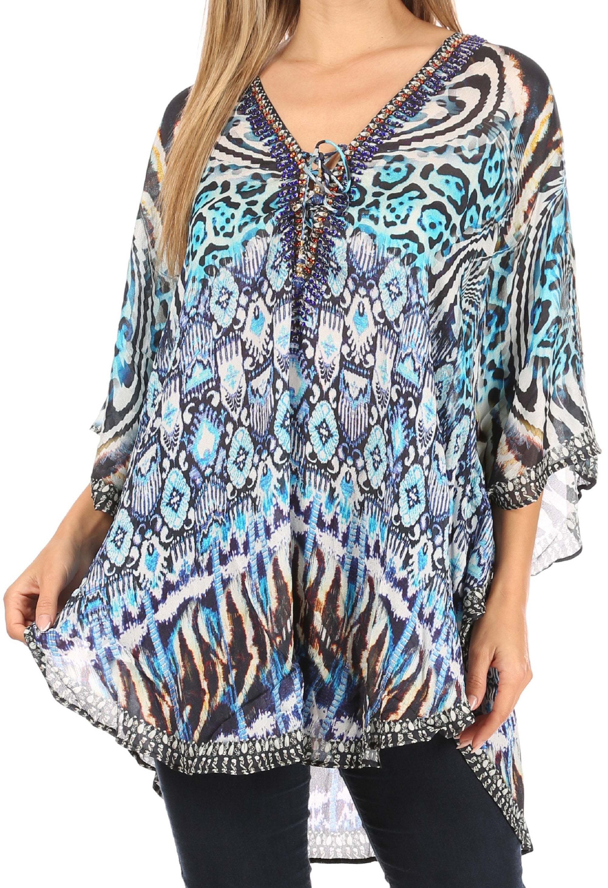 Sakkas - Sloane Printed V Neck Loose Fit Casual Circle Top Blouse with Ties