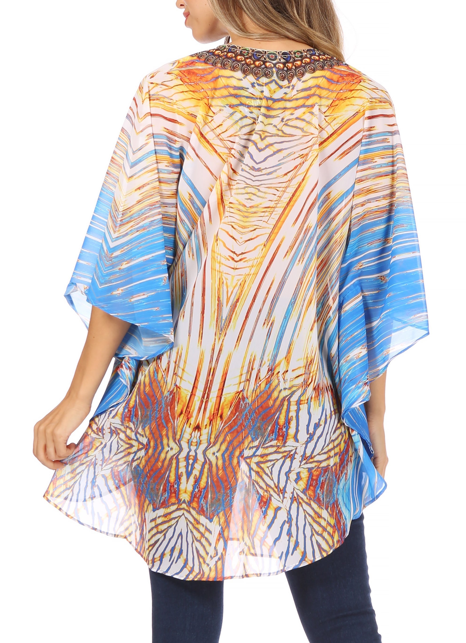 Sakkas - Sloane Printed V Neck Loose Fit Casual Circle Top Blouse with Ties