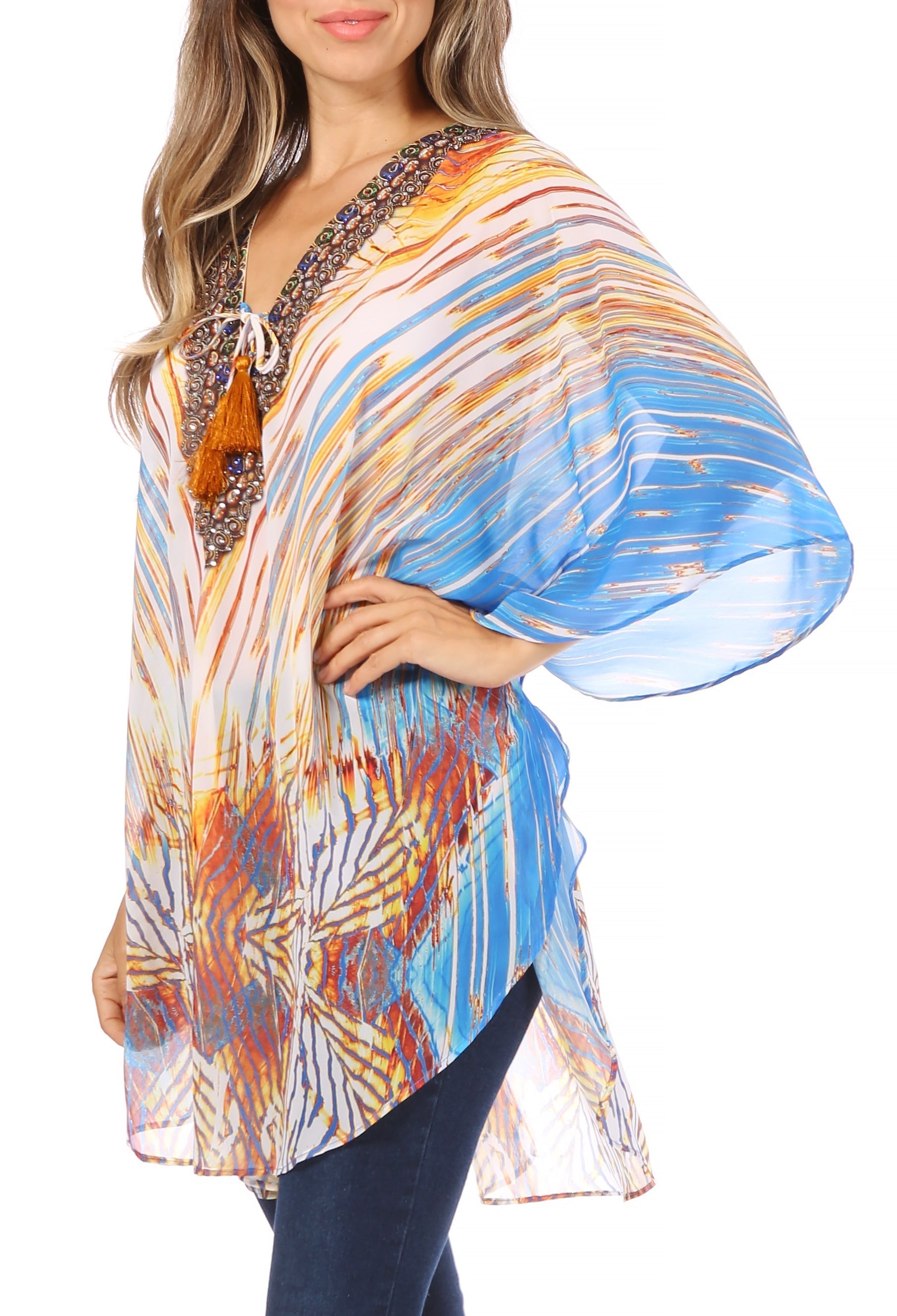 Sakkas - Sloane Printed V Neck Loose Fit Casual Circle Top Blouse with Ties