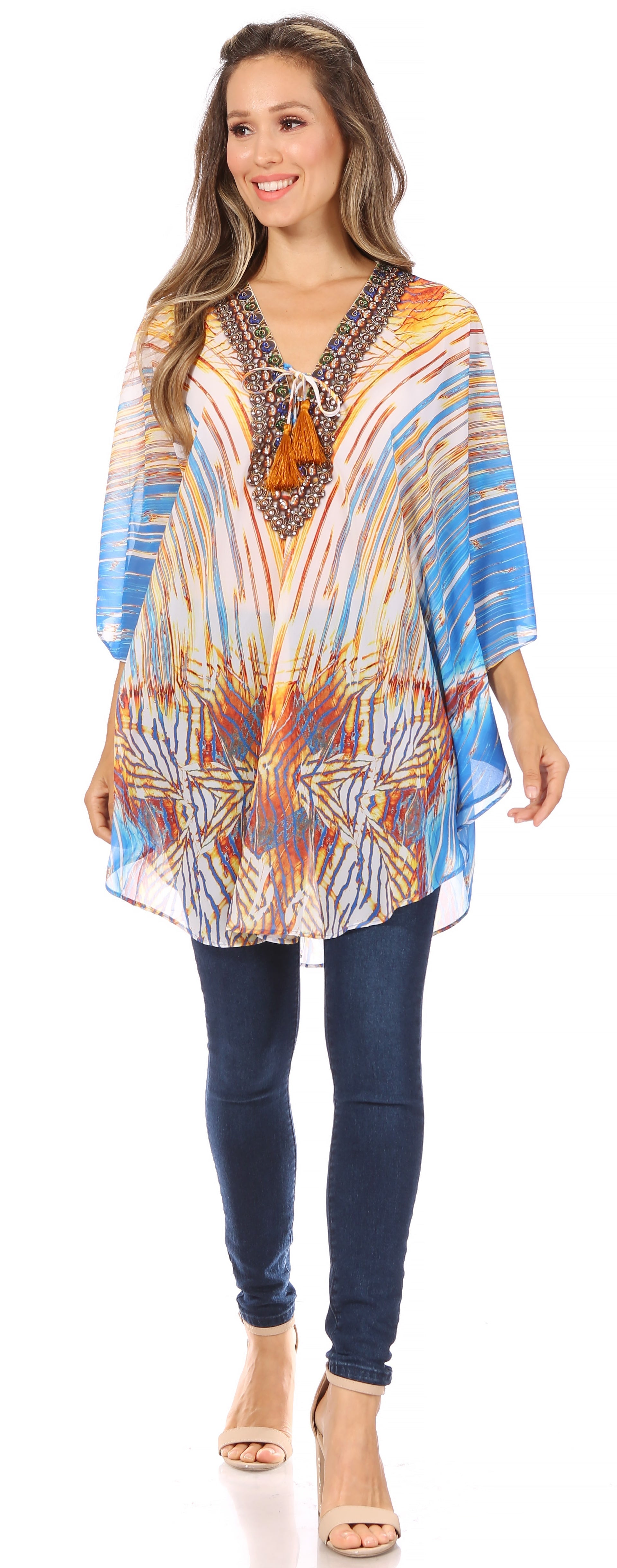 Sakkas - Sloane Printed V Neck Loose Fit Casual Circle Top Blouse with Ties