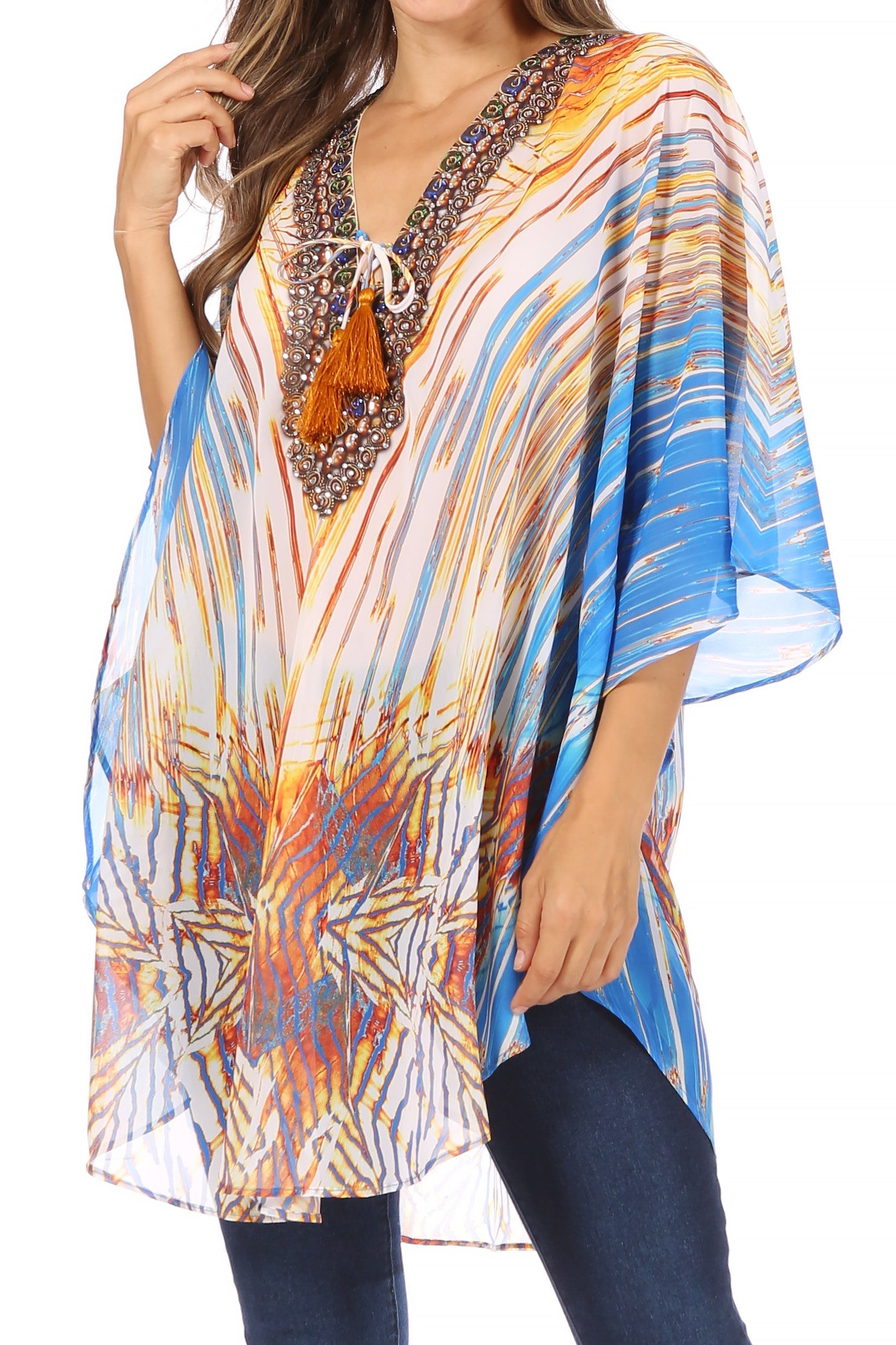 Sakkas - Sloane Printed V Neck Loose Fit Casual Circle Top Blouse with Ties