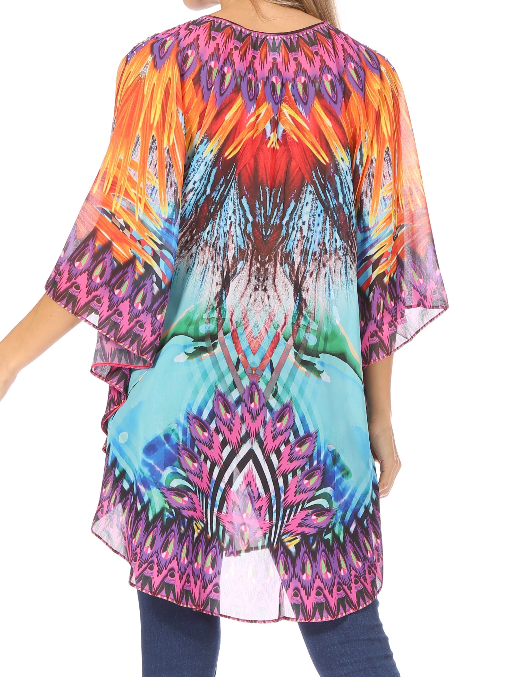 Sakkas - Sloane Printed V Neck Loose Fit Casual Circle Top Blouse with Ties