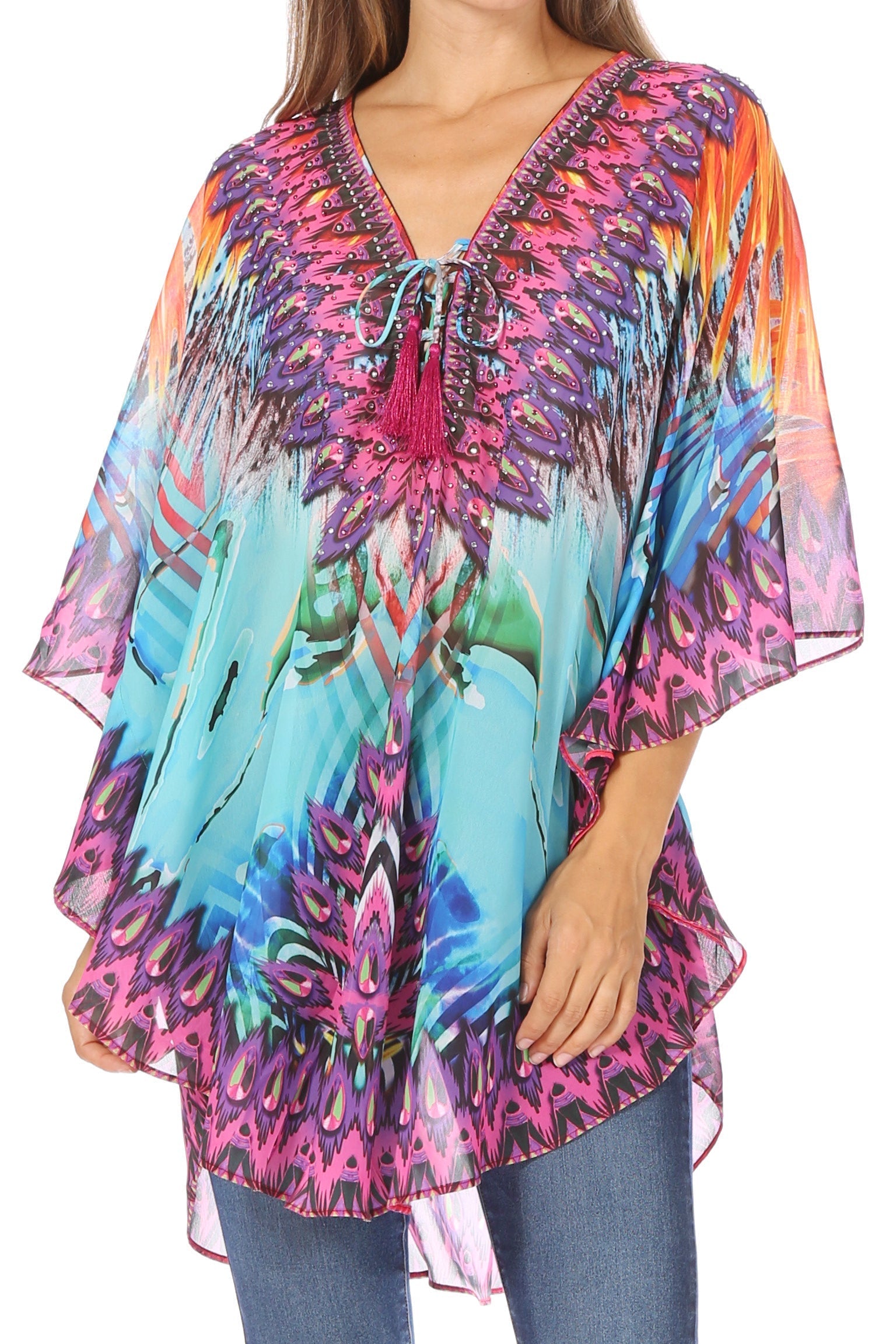 Sakkas - Sloane Printed V Neck Loose Fit Casual Circle Top Blouse with Ties