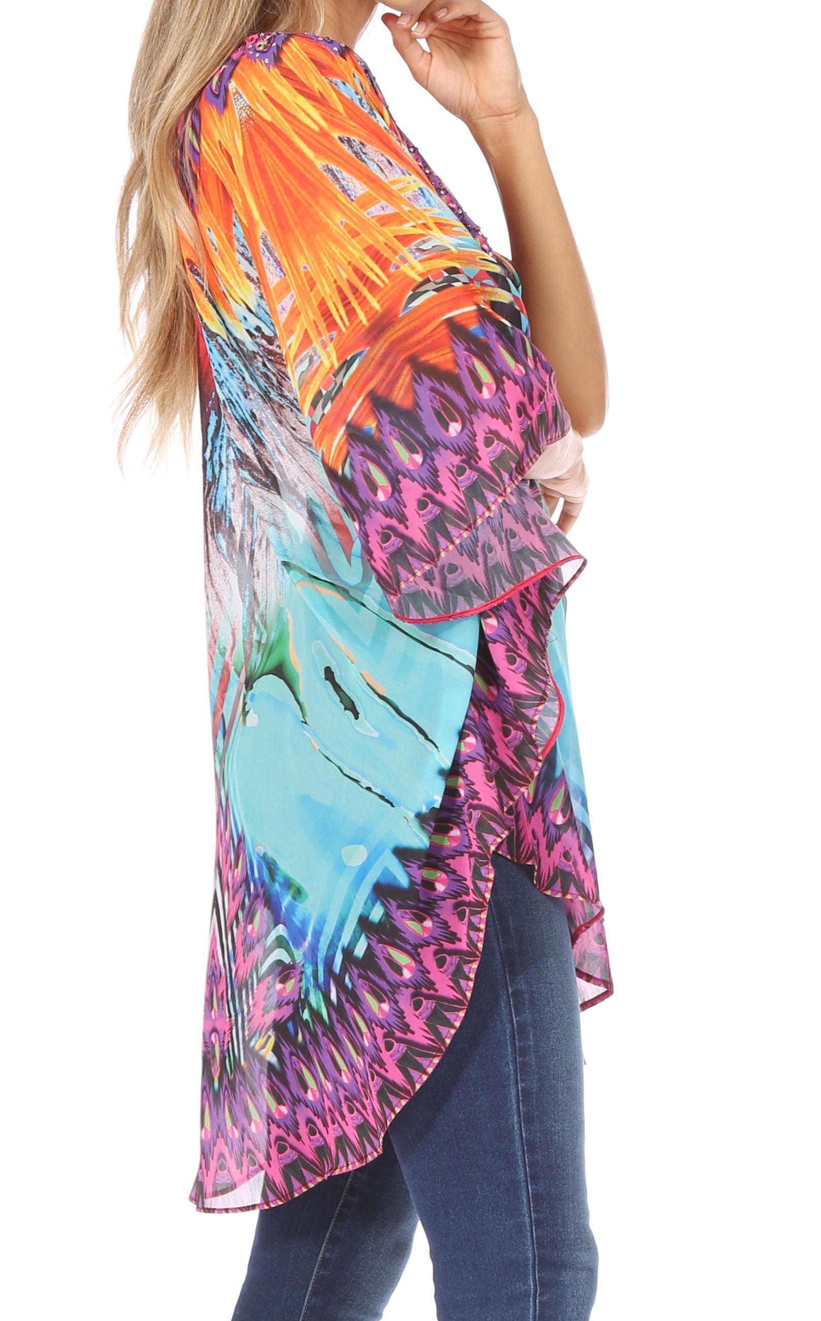 Sakkas - Sloane Printed V Neck Loose Fit Casual Circle Top Blouse with Ties