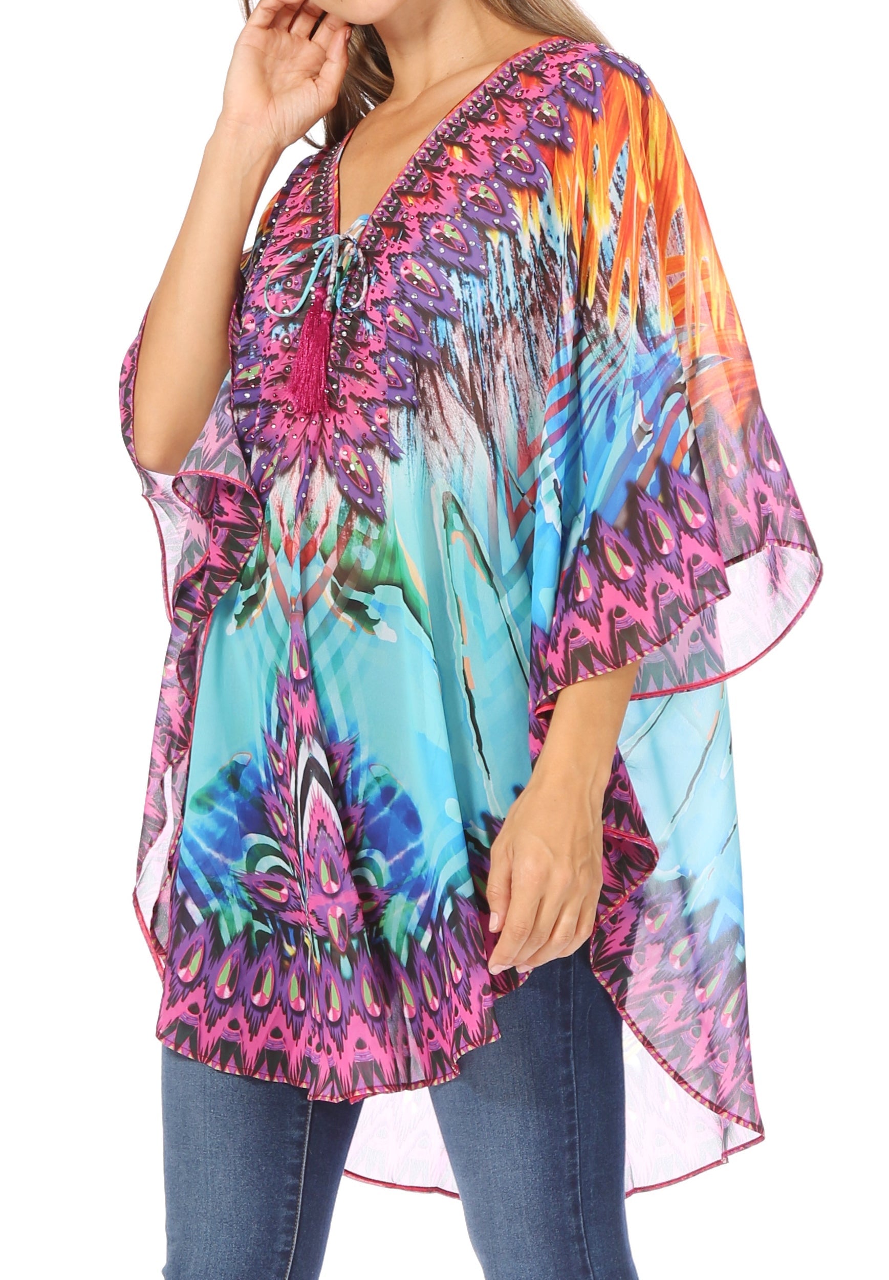 Sakkas - Sloane Printed V Neck Loose Fit Casual Circle Top Blouse with Ties