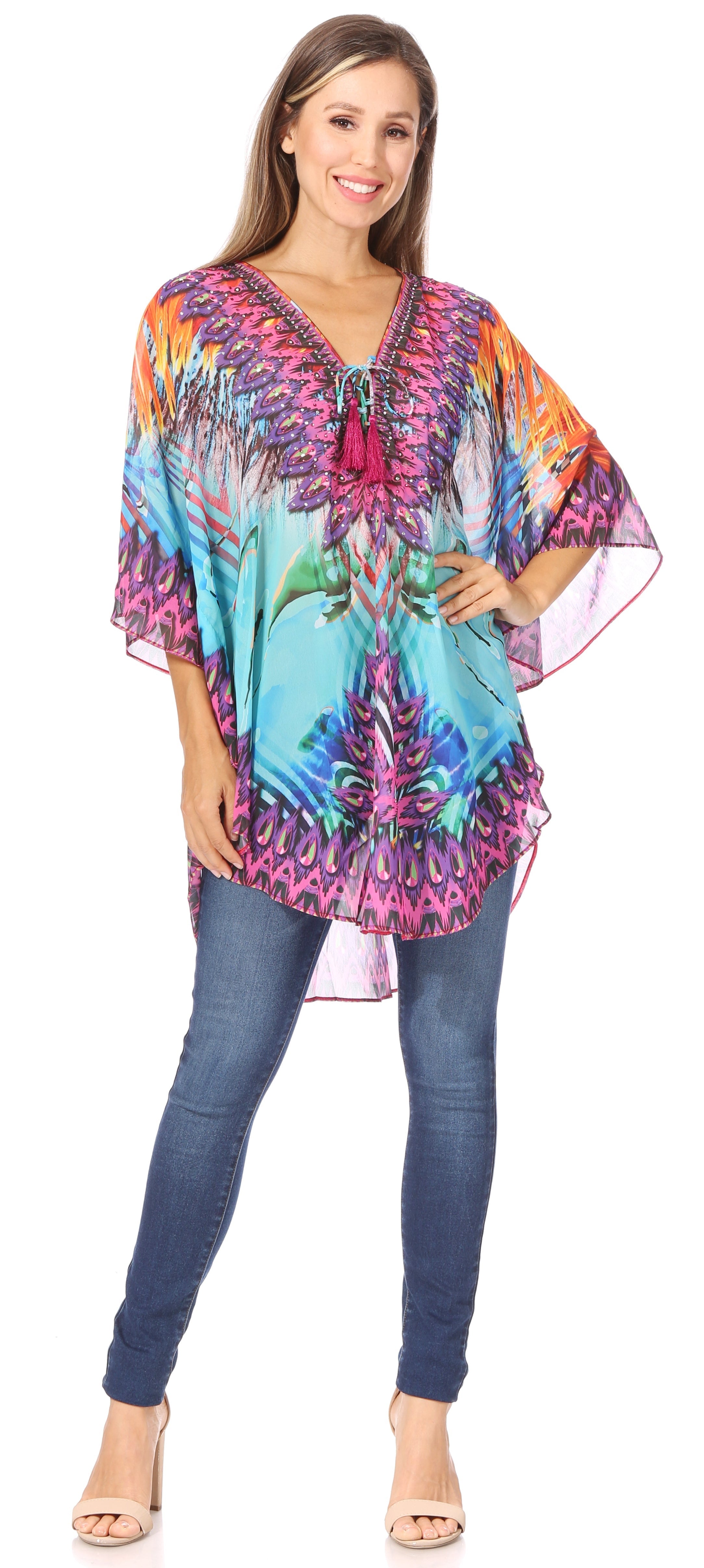 Sakkas - Sloane Printed V Neck Loose Fit Casual Circle Top Blouse with Ties