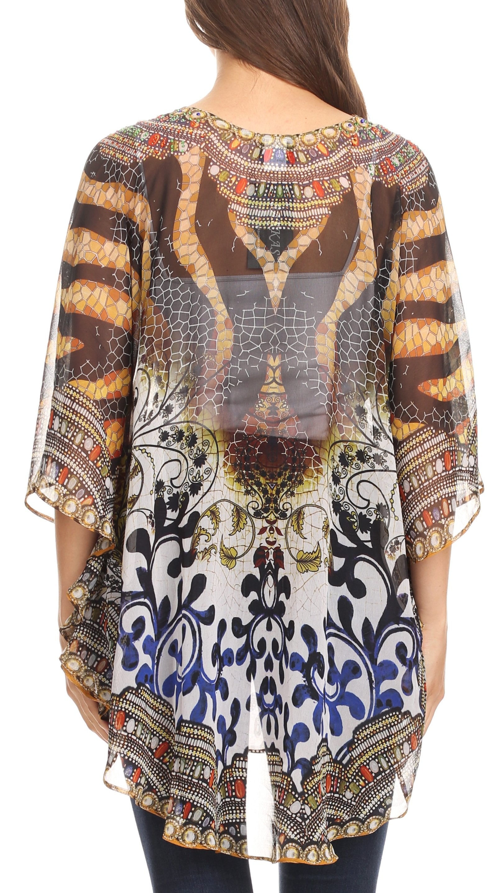 Sakkas - Sloane Printed V Neck Loose Fit Casual Circle Top Blouse with Ties