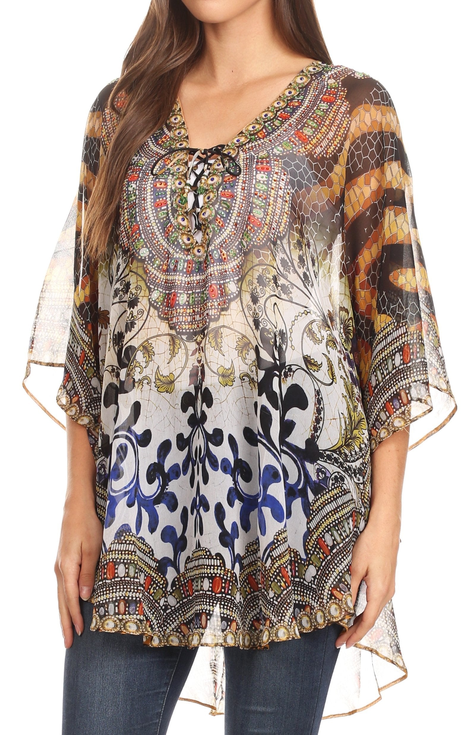 Sakkas - Sloane Printed V Neck Loose Fit Casual Circle Top Blouse with Ties