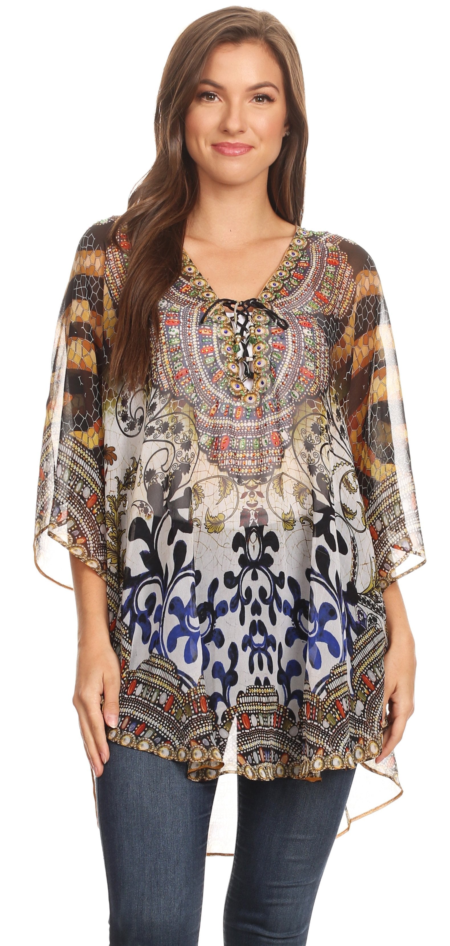 Sakkas - Sloane Printed V Neck Loose Fit Casual Circle Top Blouse with Ties