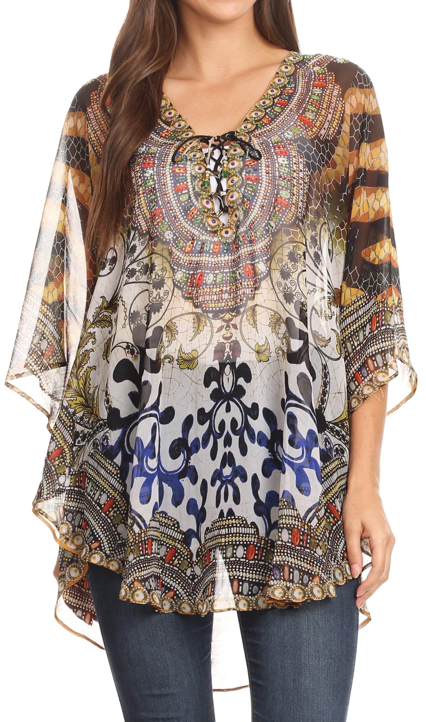 Sakkas - Sloane Printed V Neck Loose Fit Casual Circle Top Blouse with Ties