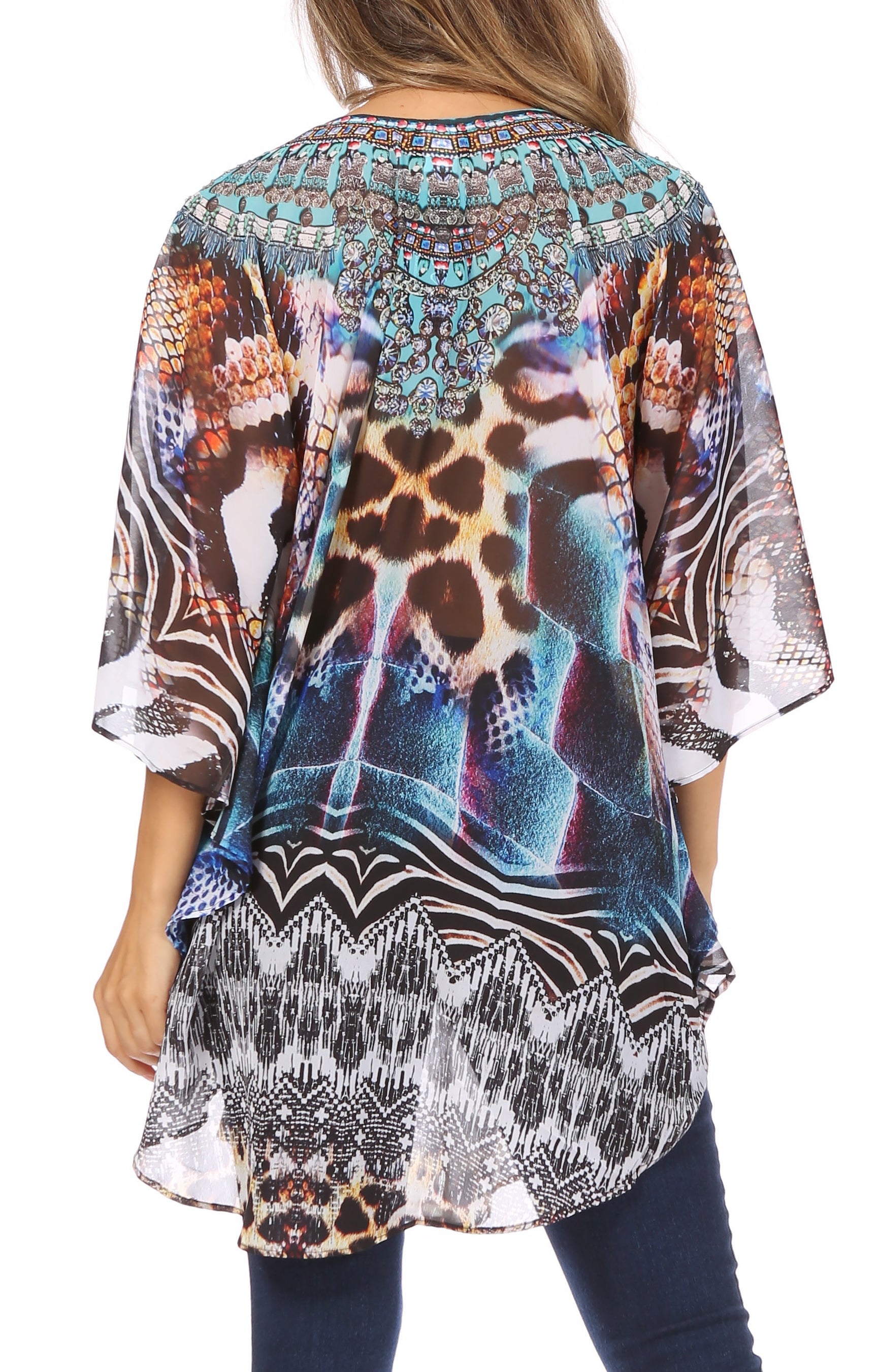 Sakkas - Sloane Printed V Neck Loose Fit Casual Circle Top Blouse with Ties