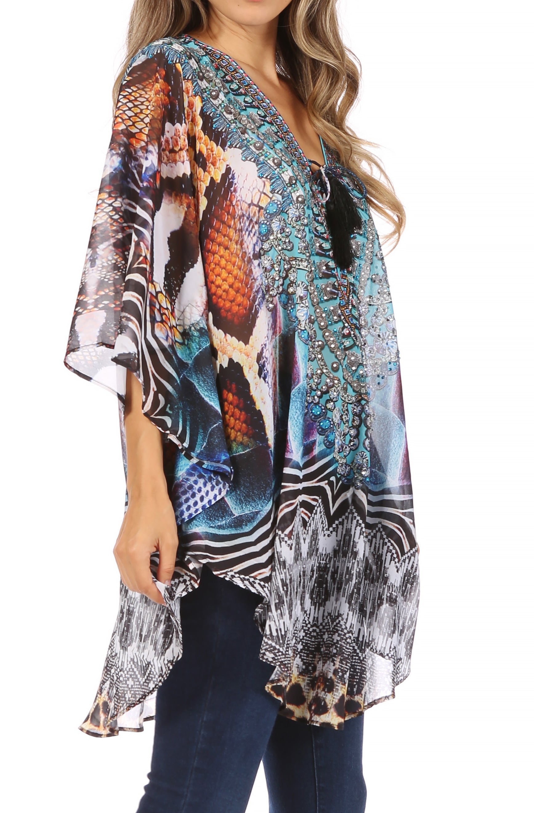 Sakkas - Sloane Printed V Neck Loose Fit Casual Circle Top Blouse with Ties