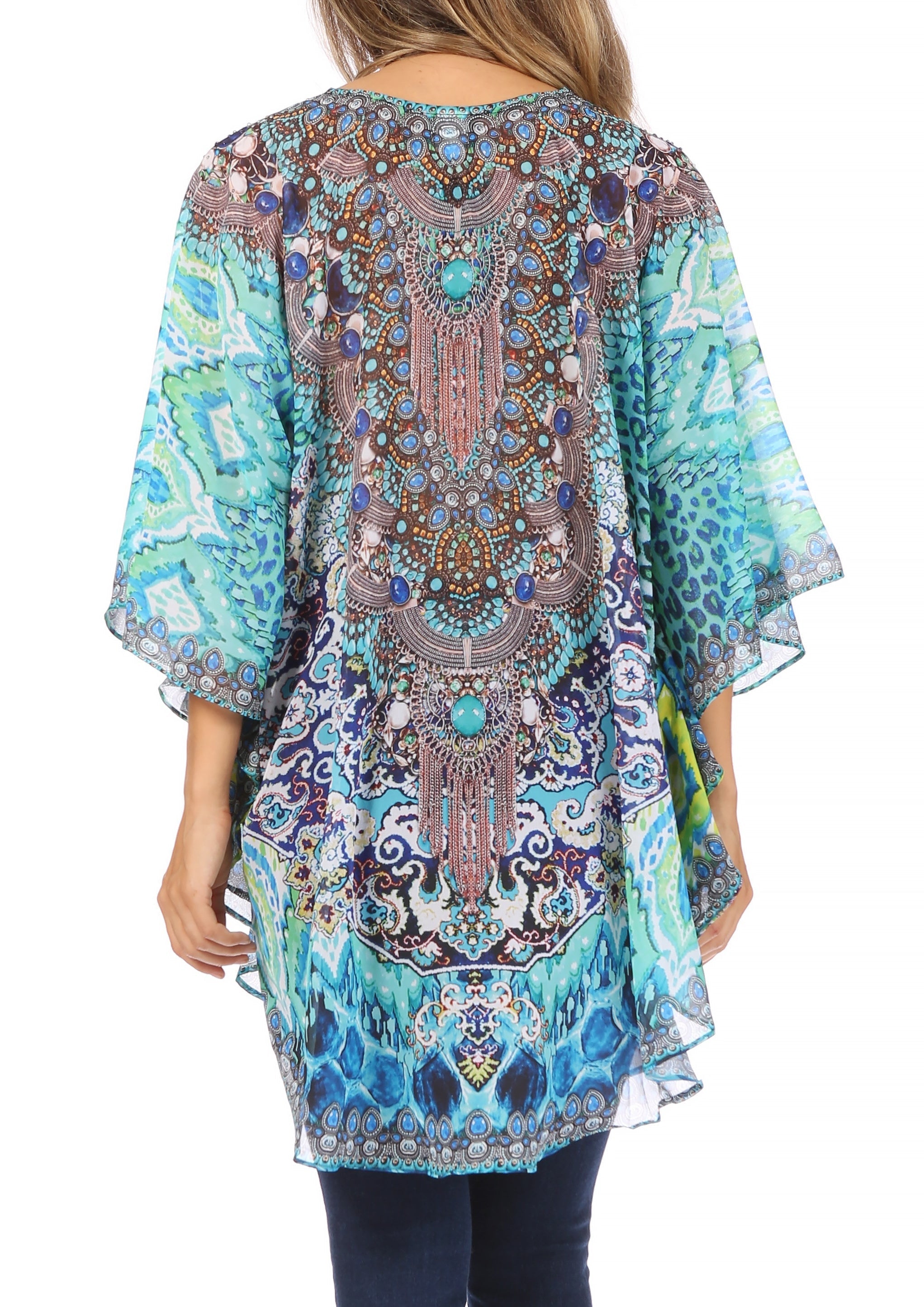 Sakkas - Sloane Printed V Neck Loose Fit Casual Circle Top Blouse with Ties