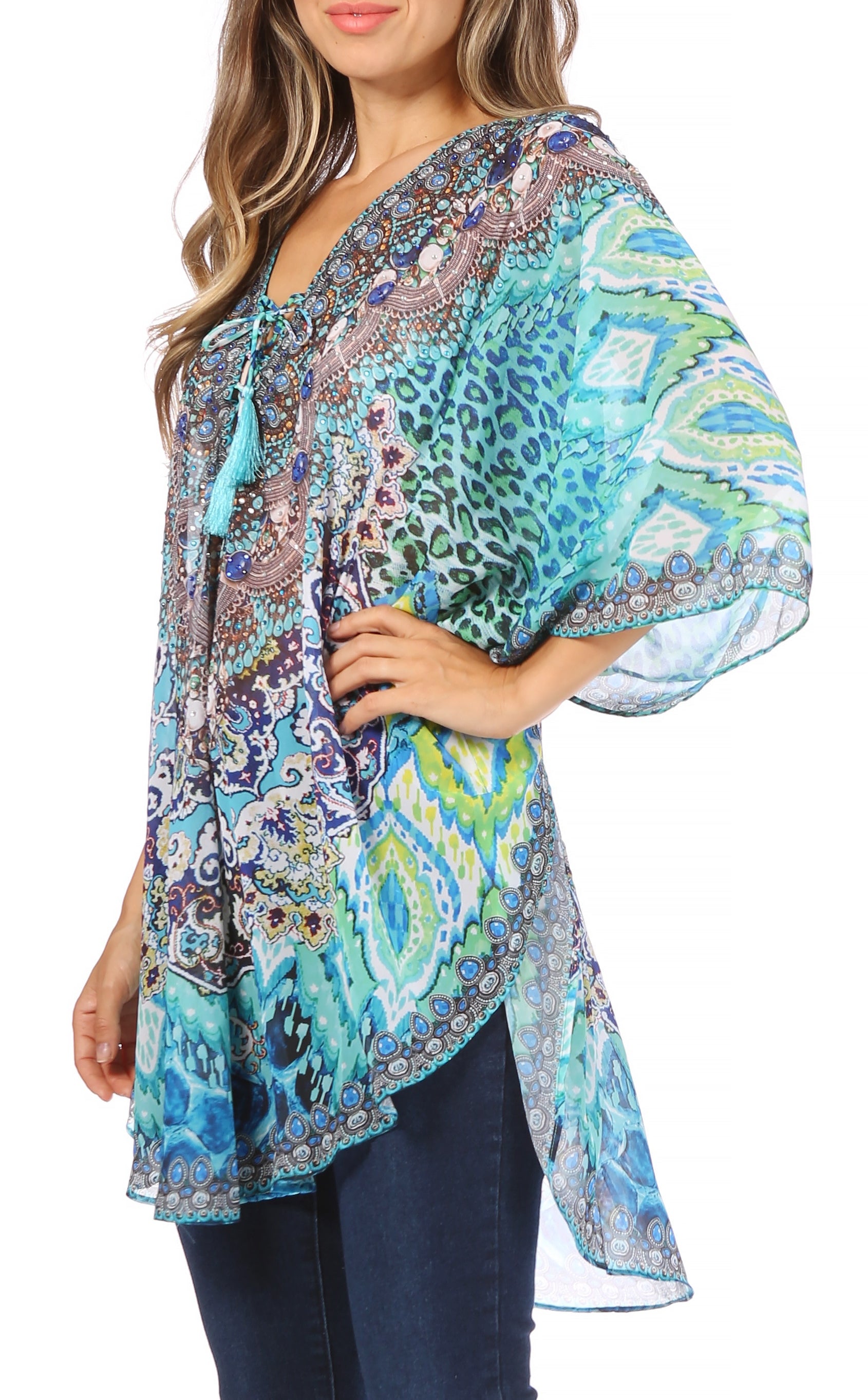 Sakkas - Sloane Printed V Neck Loose Fit Casual Circle Top Blouse with Ties