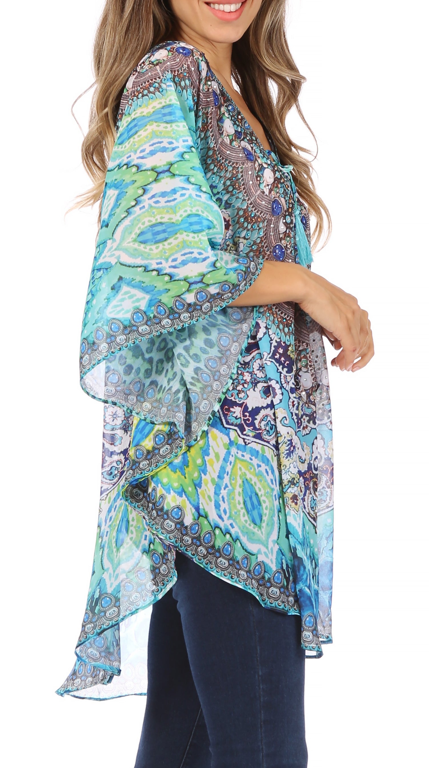 Sakkas - Sloane Printed V Neck Loose Fit Casual Circle Top Blouse with Ties