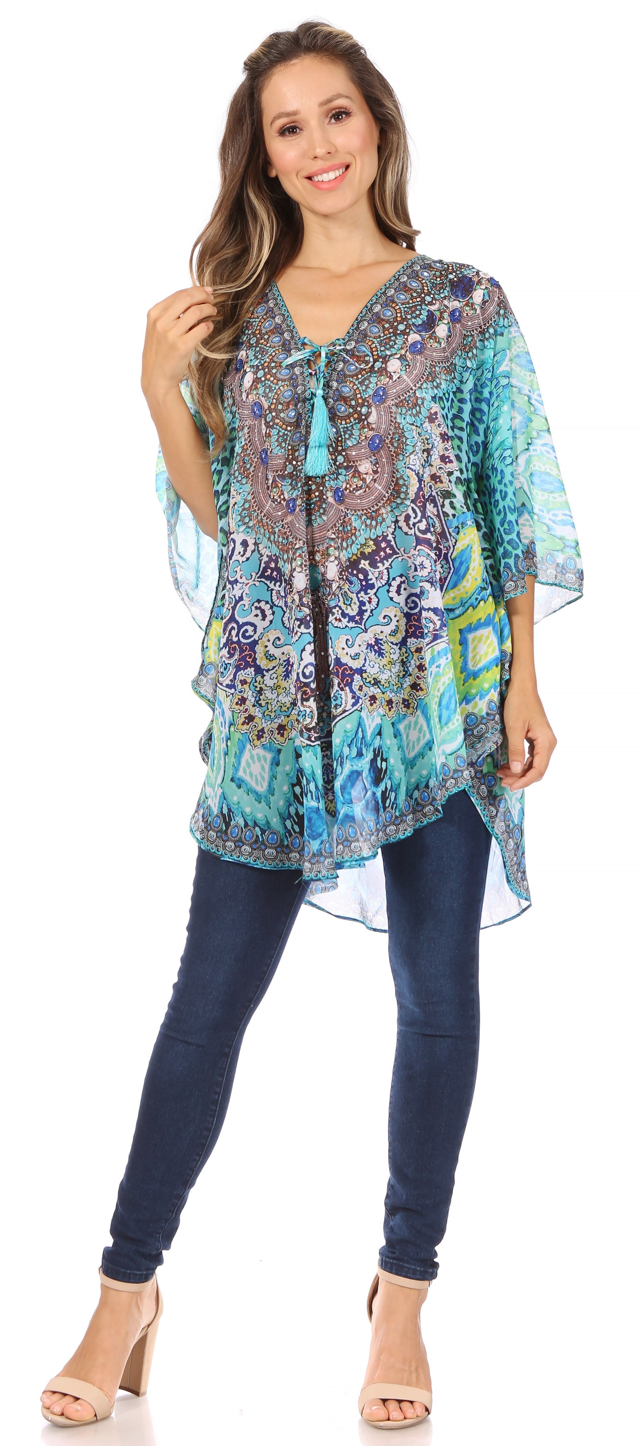 Sakkas - Sloane Printed V Neck Loose Fit Casual Circle Top Blouse with Ties