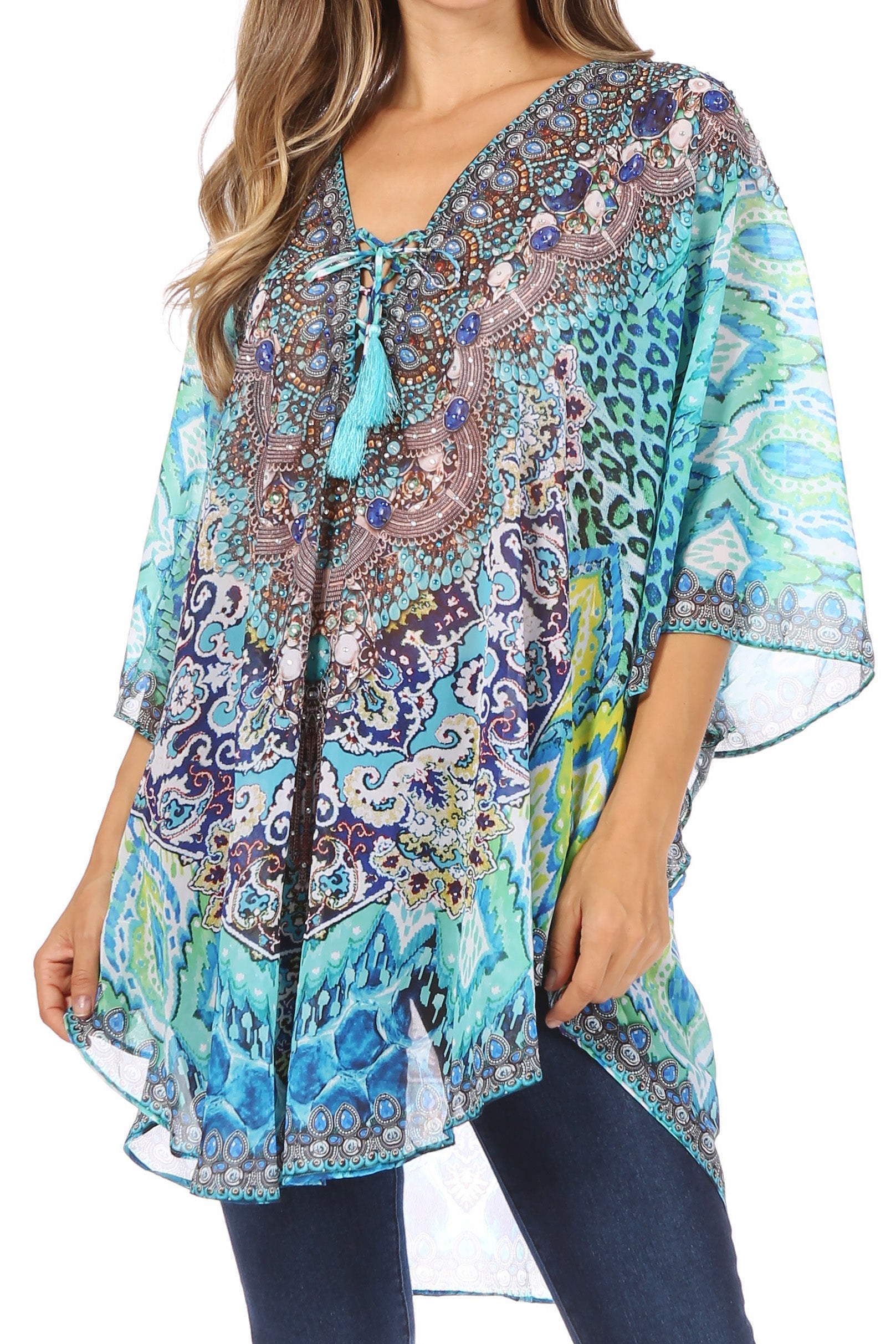 Sakkas - Sloane Printed V Neck Loose Fit Casual Circle Top Blouse with Ties