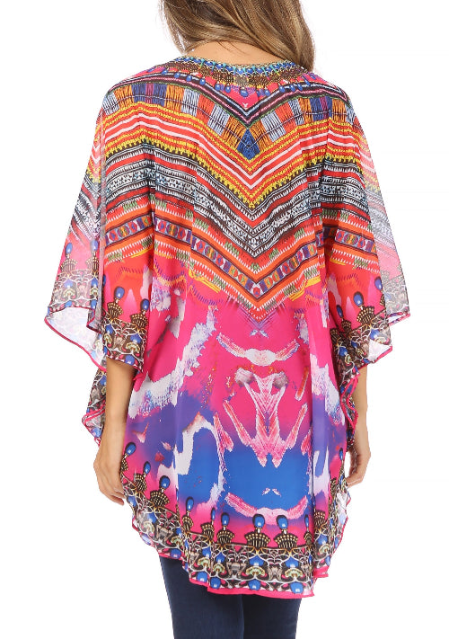 Colorful patterned dress with a white background