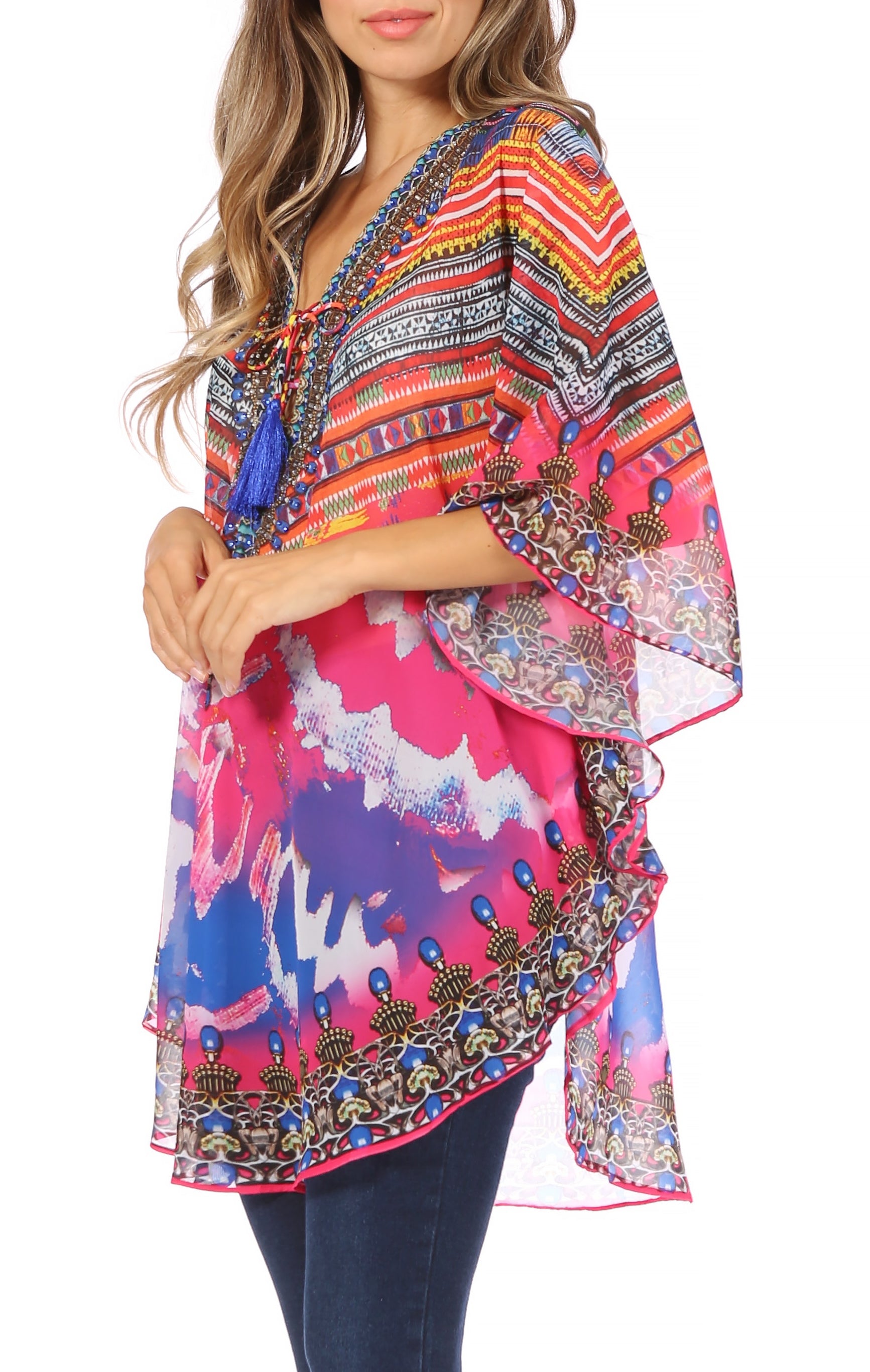 Sakkas - Sloane Printed V Neck Loose Fit Casual Circle Top Blouse with Ties