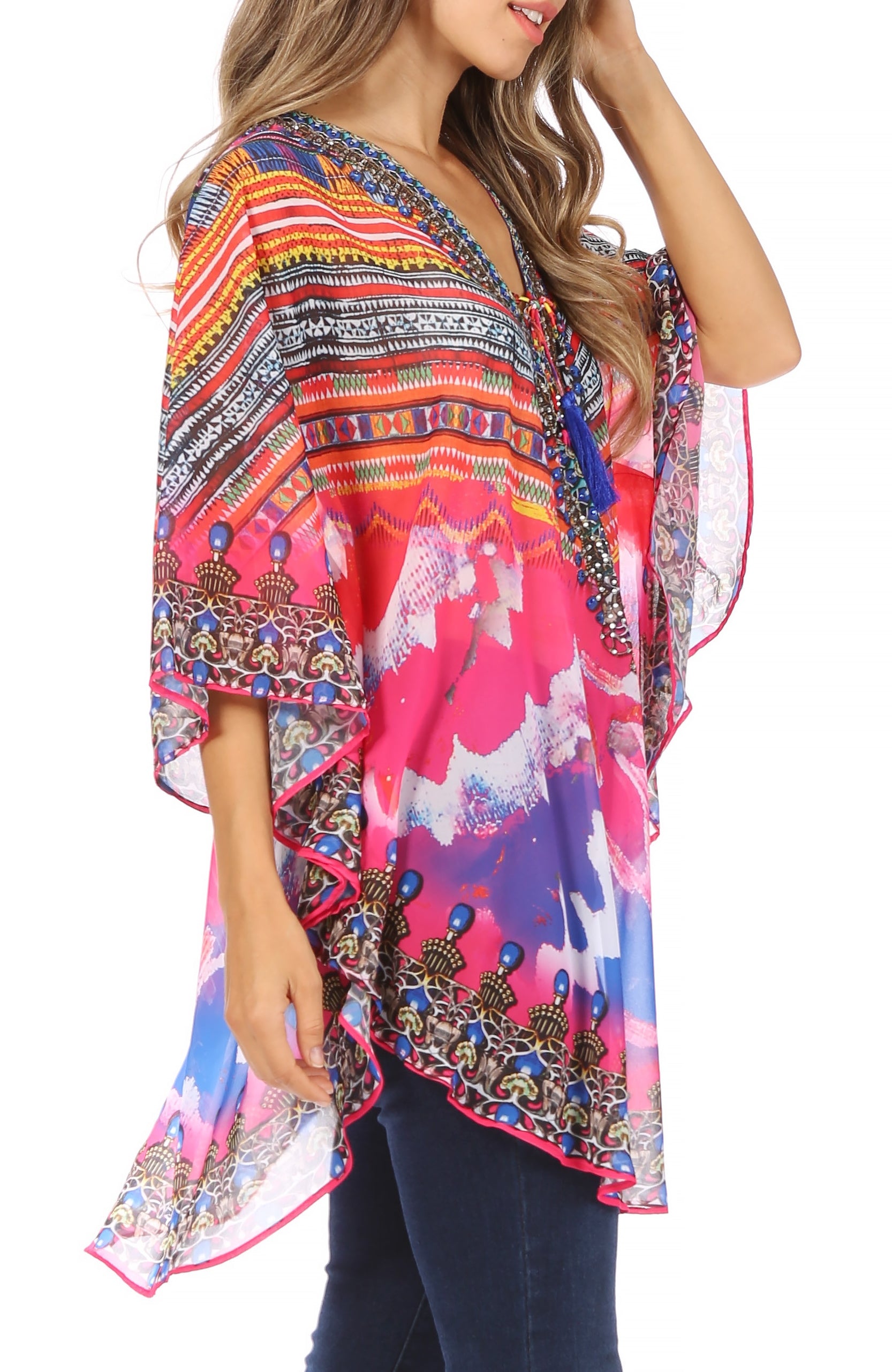 Sakkas - Sloane Printed V Neck Loose Fit Casual Circle Top Blouse with Ties