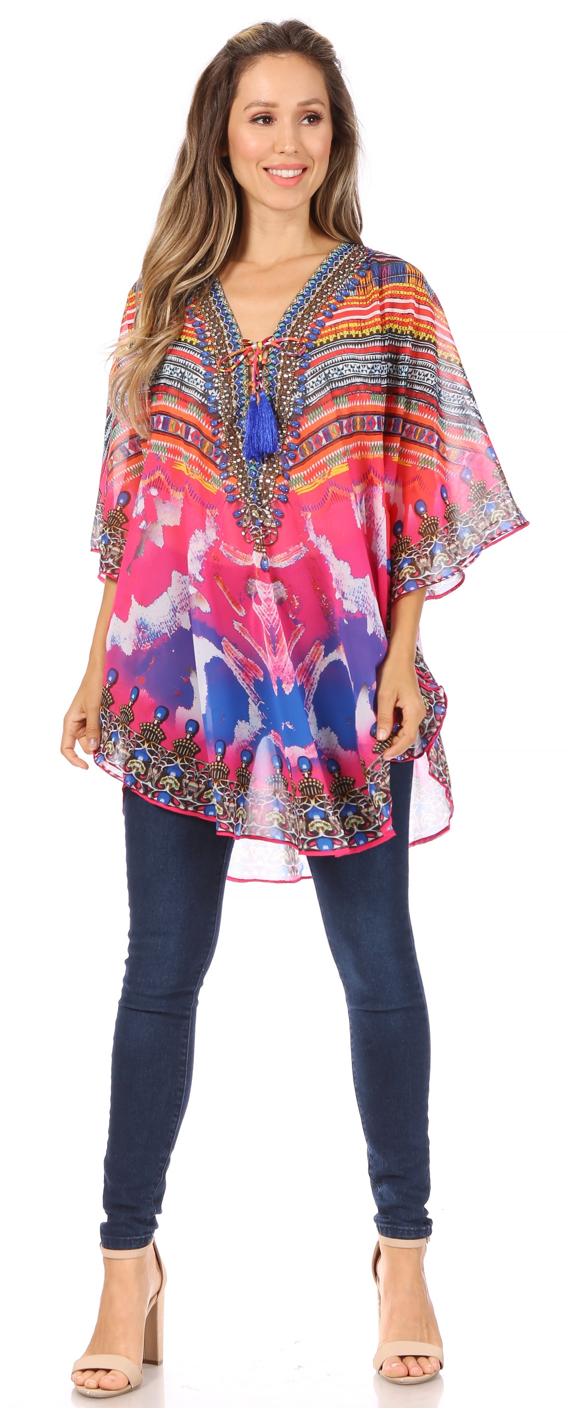 Sakkas - Sloane Printed V Neck Loose Fit Casual Circle Top Blouse with Ties