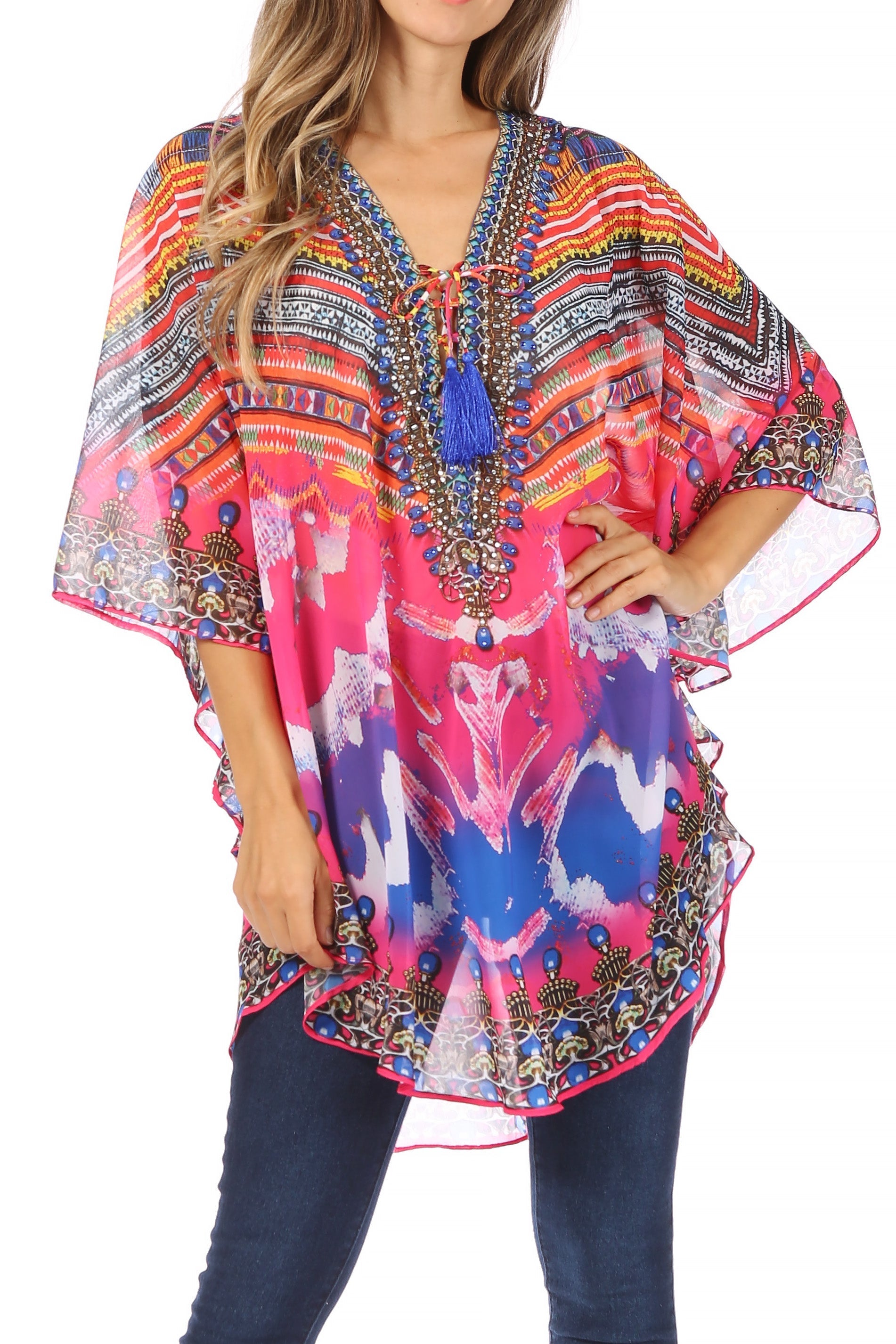 Sakkas - Sloane Printed V Neck Loose Fit Casual Circle Top Blouse with Ties