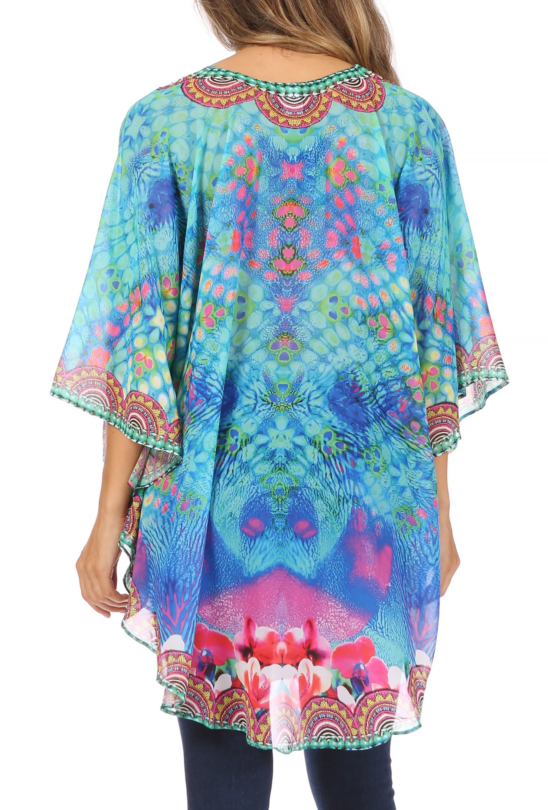 Sakkas - Sloane Printed V Neck Loose Fit Casual Circle Top Blouse with Ties