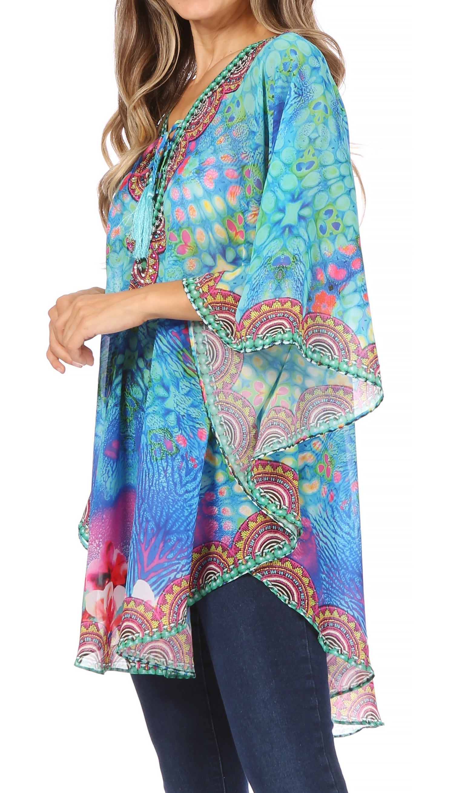 Sakkas - Sloane Printed V Neck Loose Fit Casual Circle Top Blouse with Ties
