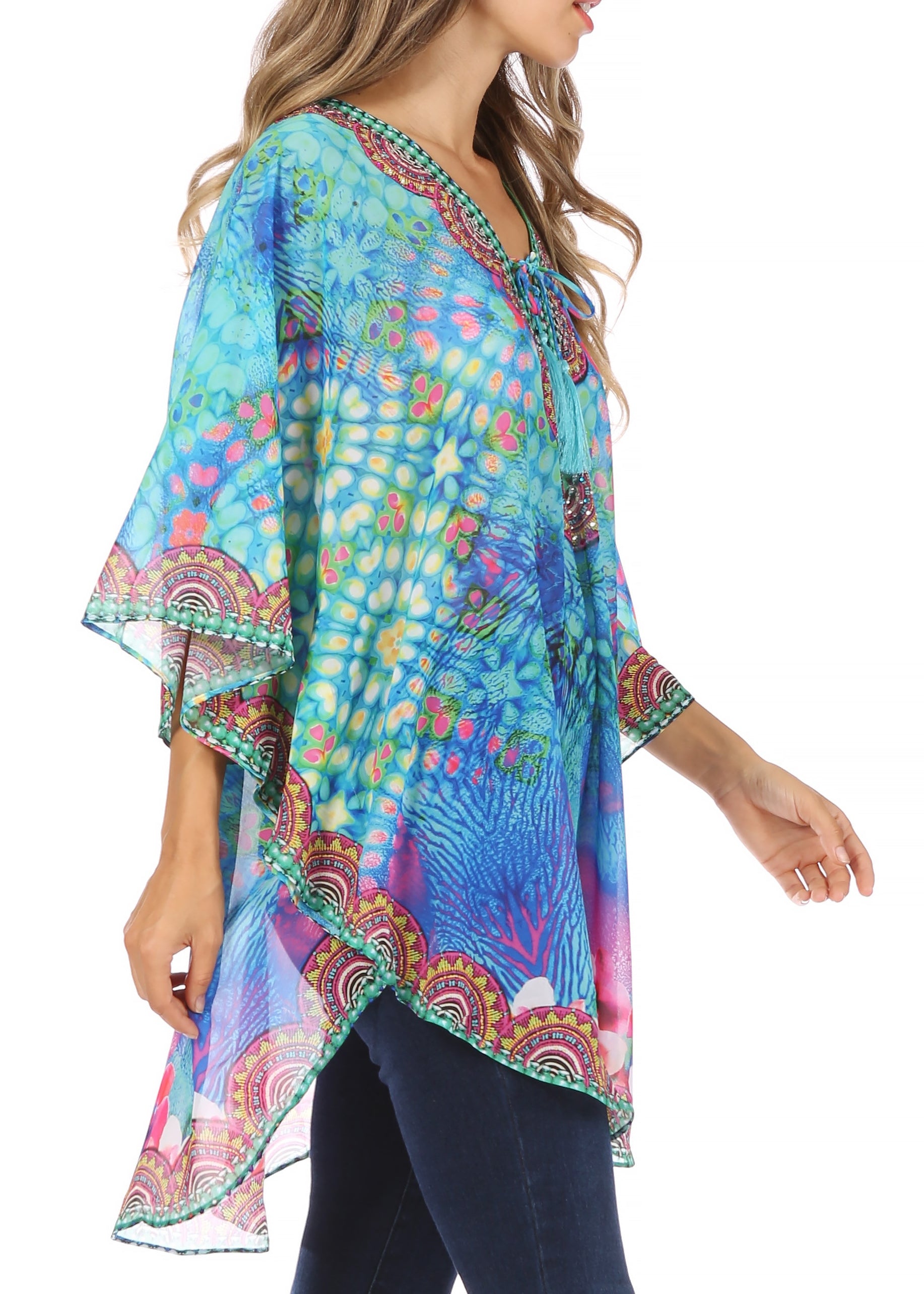 Sakkas - Sloane Printed V Neck Loose Fit Casual Circle Top Blouse with Ties