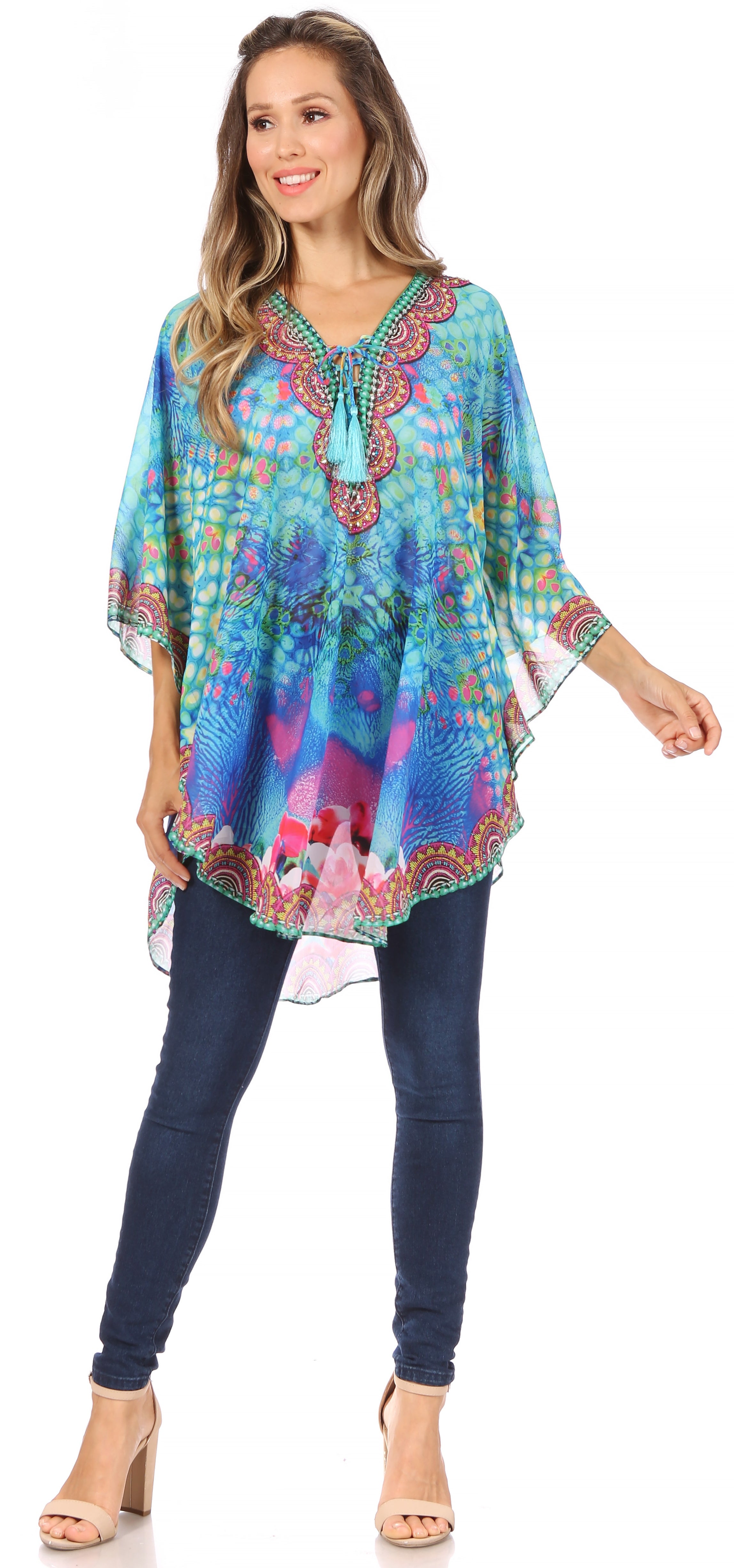 Sakkas - Sloane Printed V Neck Loose Fit Casual Circle Top Blouse with Ties
