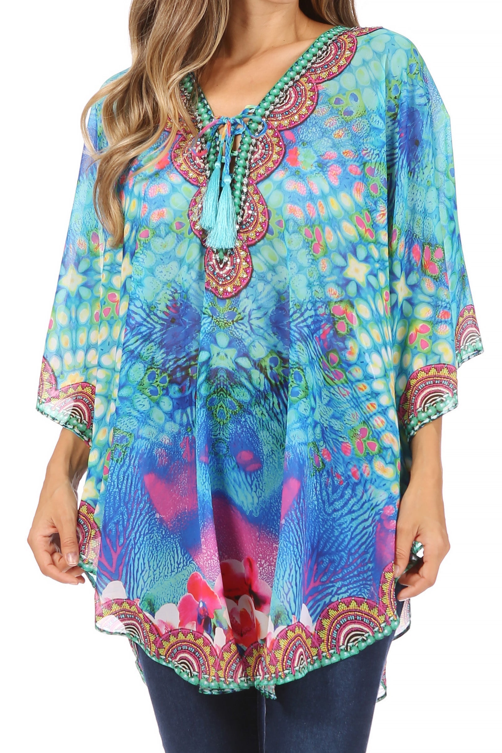 Sakkas - Sloane Printed V Neck Loose Fit Casual Circle Top Blouse with Ties