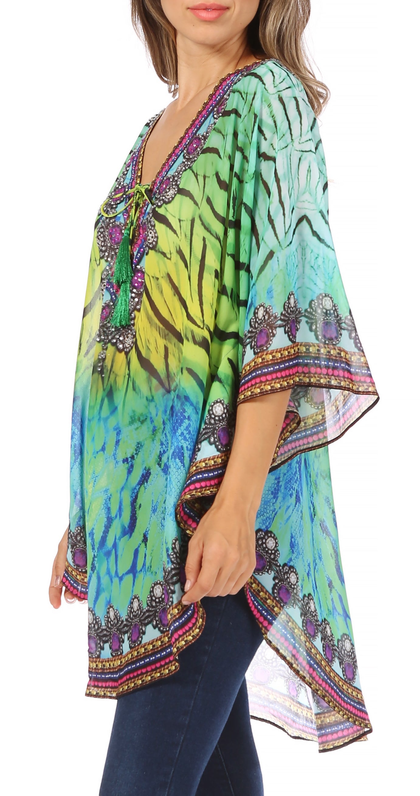Sakkas - Sloane Printed V Neck Loose Fit Casual Circle Top Blouse with Ties