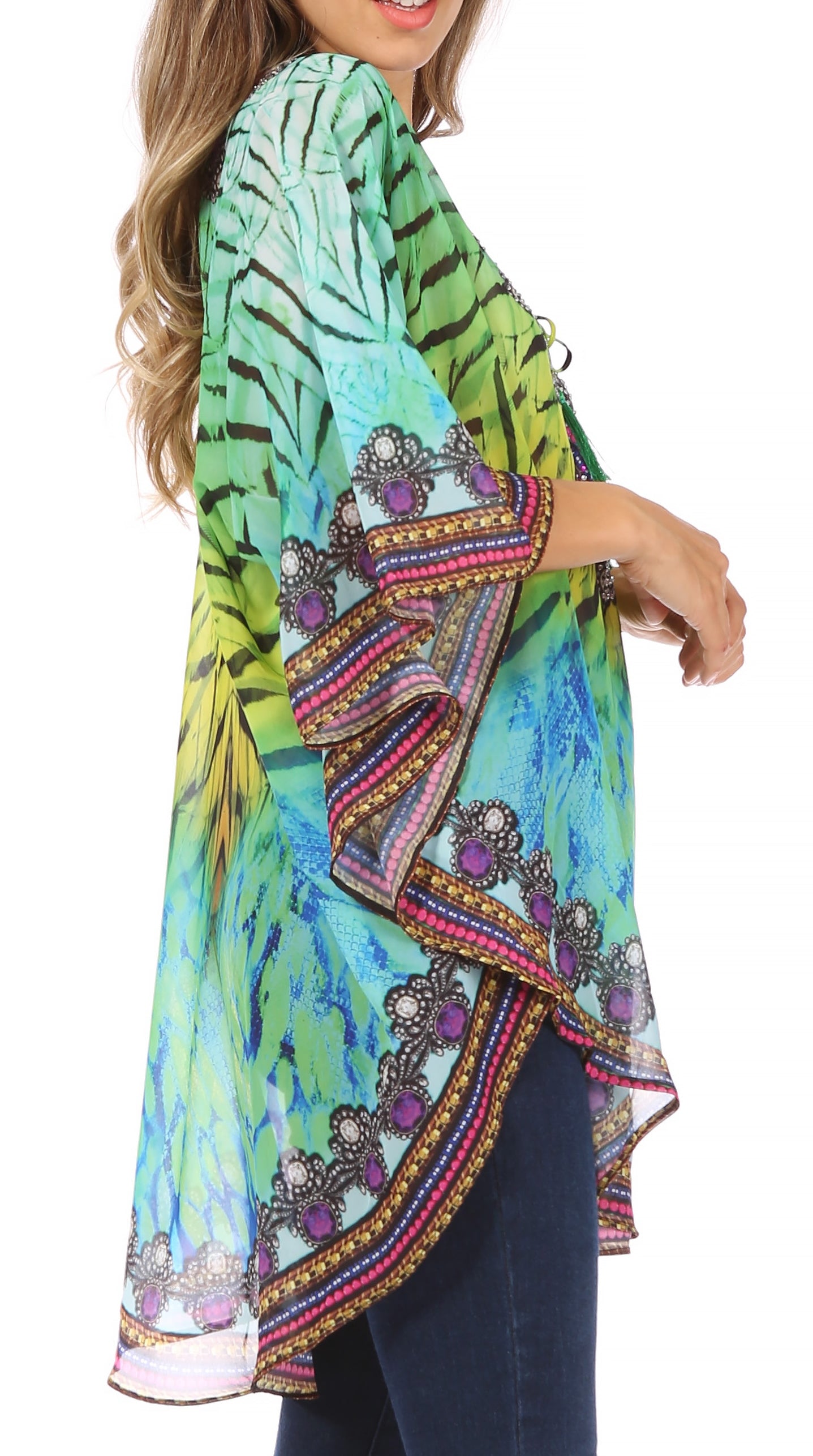 Sakkas - Sloane Printed V Neck Loose Fit Casual Circle Top Blouse with Ties