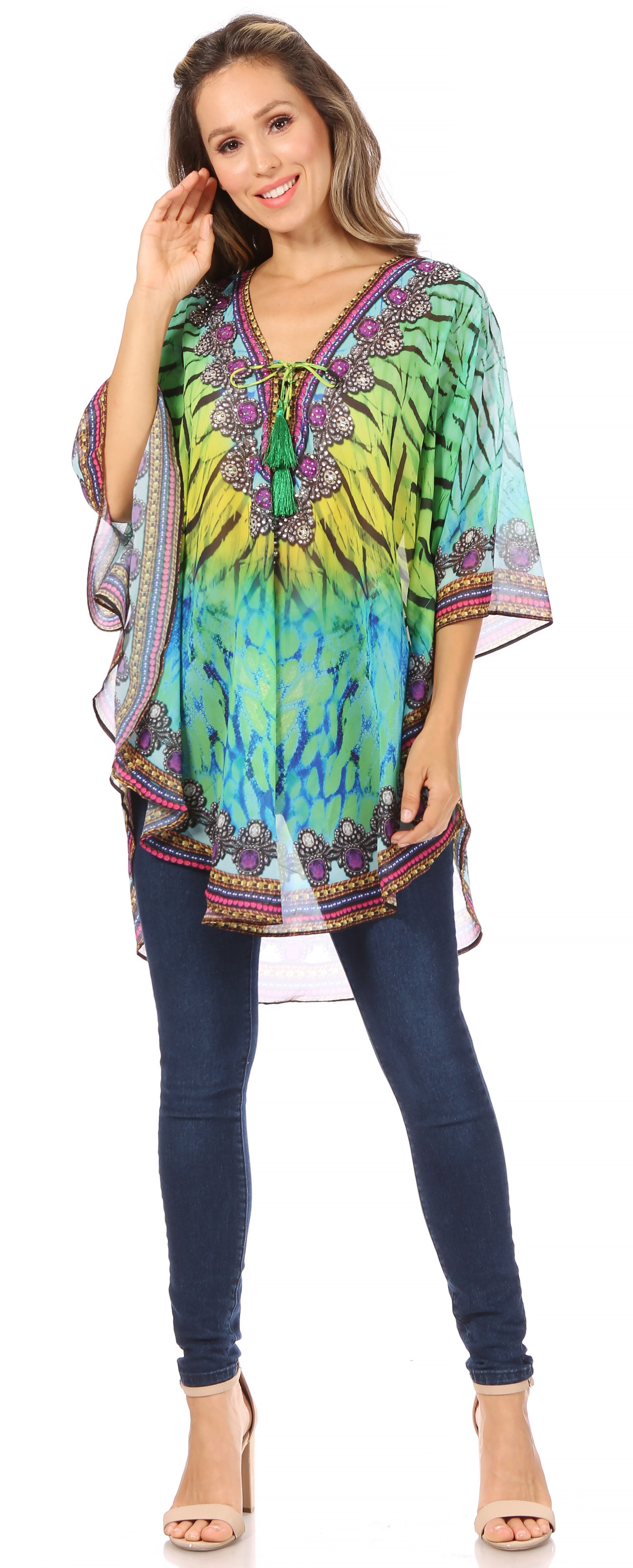 Sakkas - Sloane Printed V Neck Loose Fit Casual Circle Top Blouse with Ties