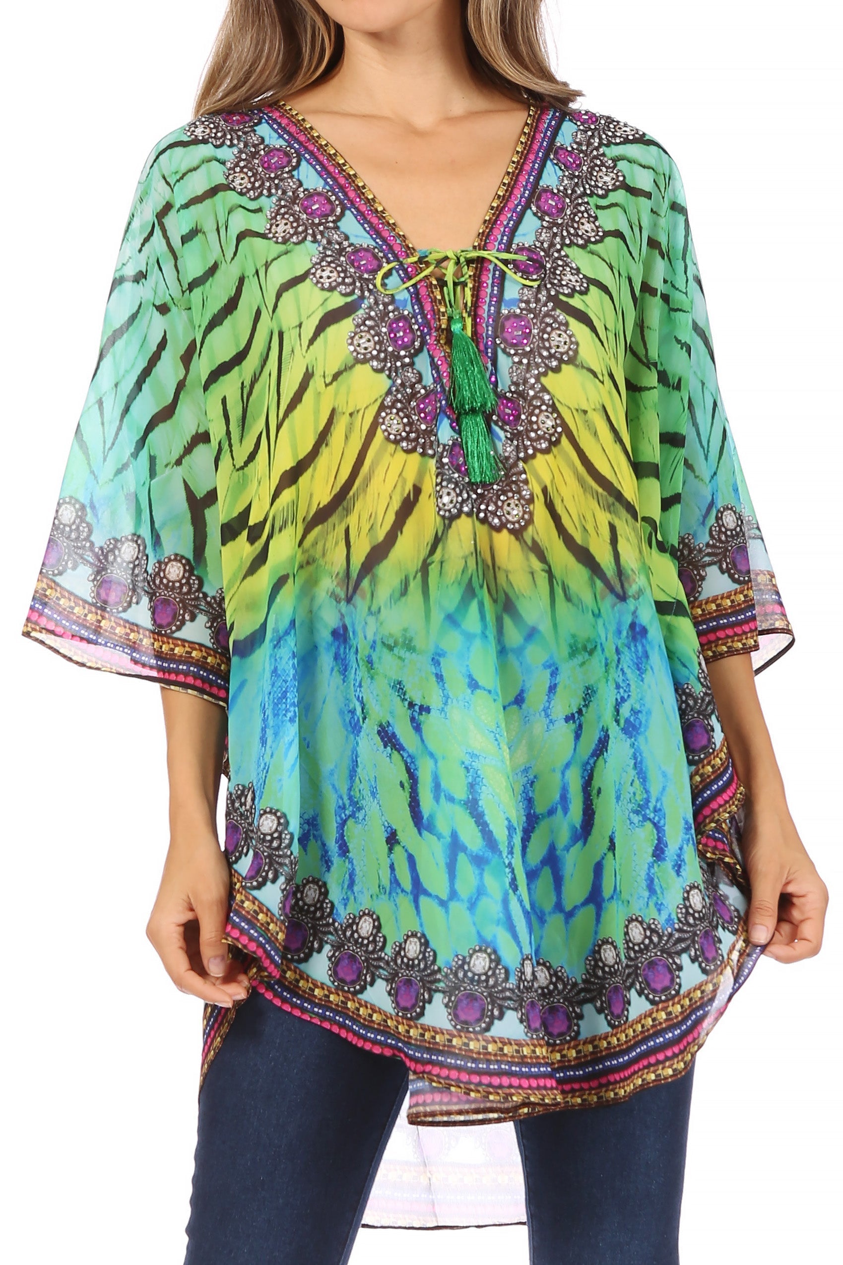 Sakkas - Sloane Printed V Neck Loose Fit Casual Circle Top Blouse with Ties