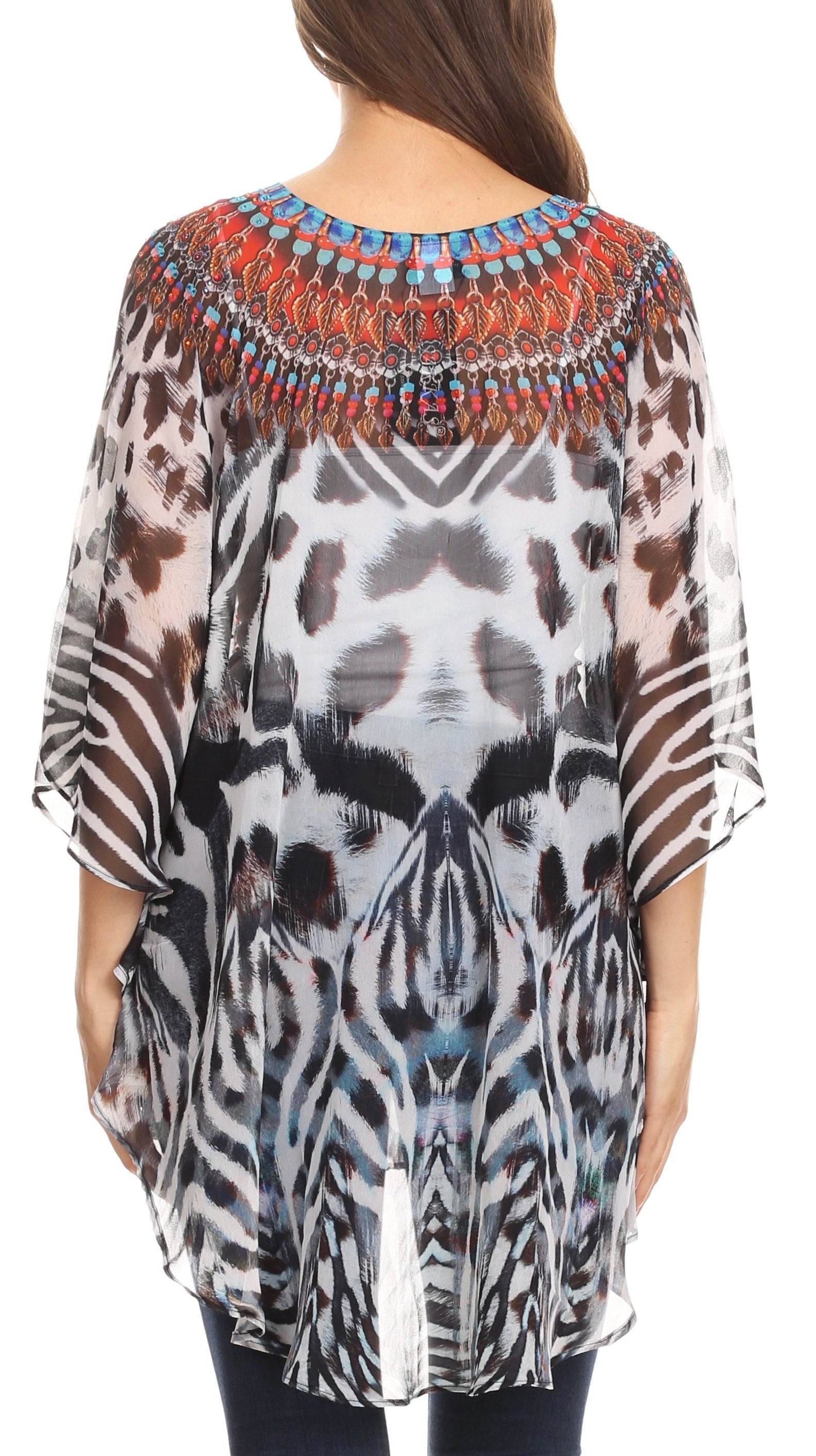 Sakkas - Sloane Printed V Neck Loose Fit Casual Circle Top Blouse with Ties