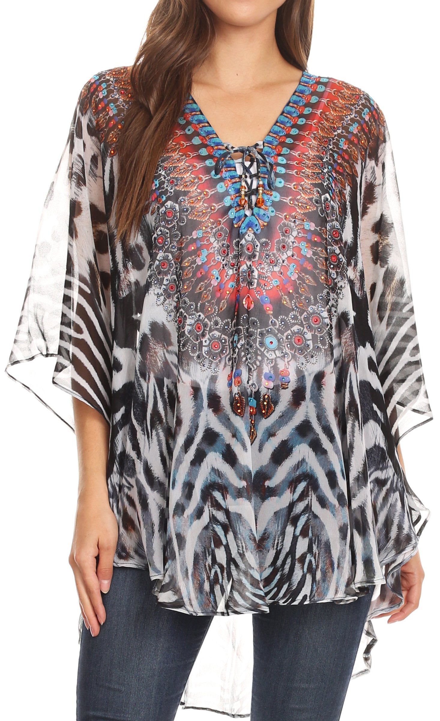 Sakkas - Sloane Printed V Neck Loose Fit Casual Circle Top Blouse with Ties