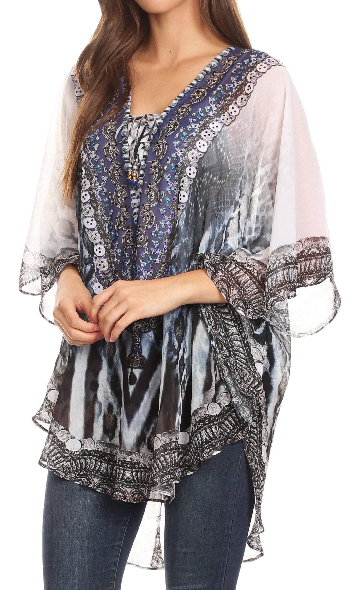 Sakkas - Sloane Printed V Neck Loose Fit Casual Circle Top Blouse with Ties