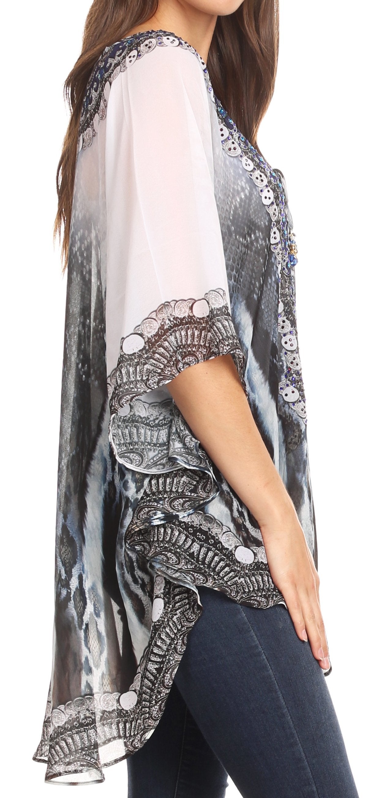 Sakkas - Sloane Printed V Neck Loose Fit Casual Circle Top Blouse with Ties