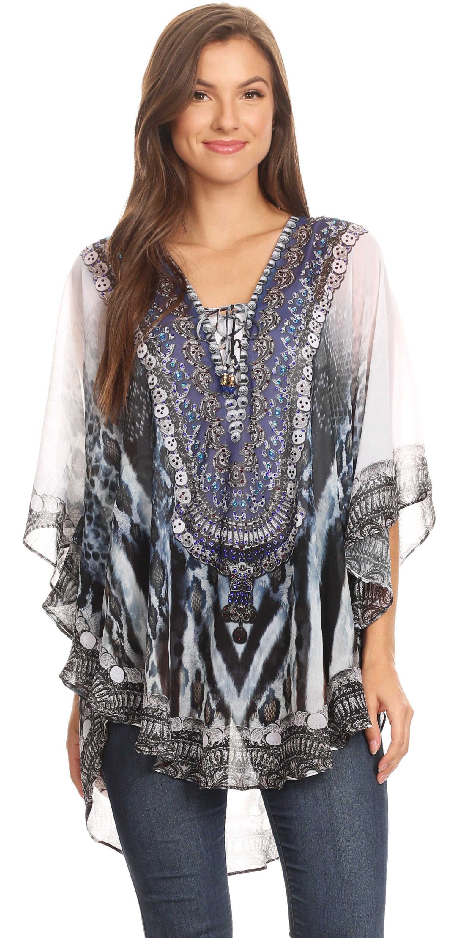 Sakkas - Sloane Printed V Neck Loose Fit Casual Circle Top Blouse with Ties