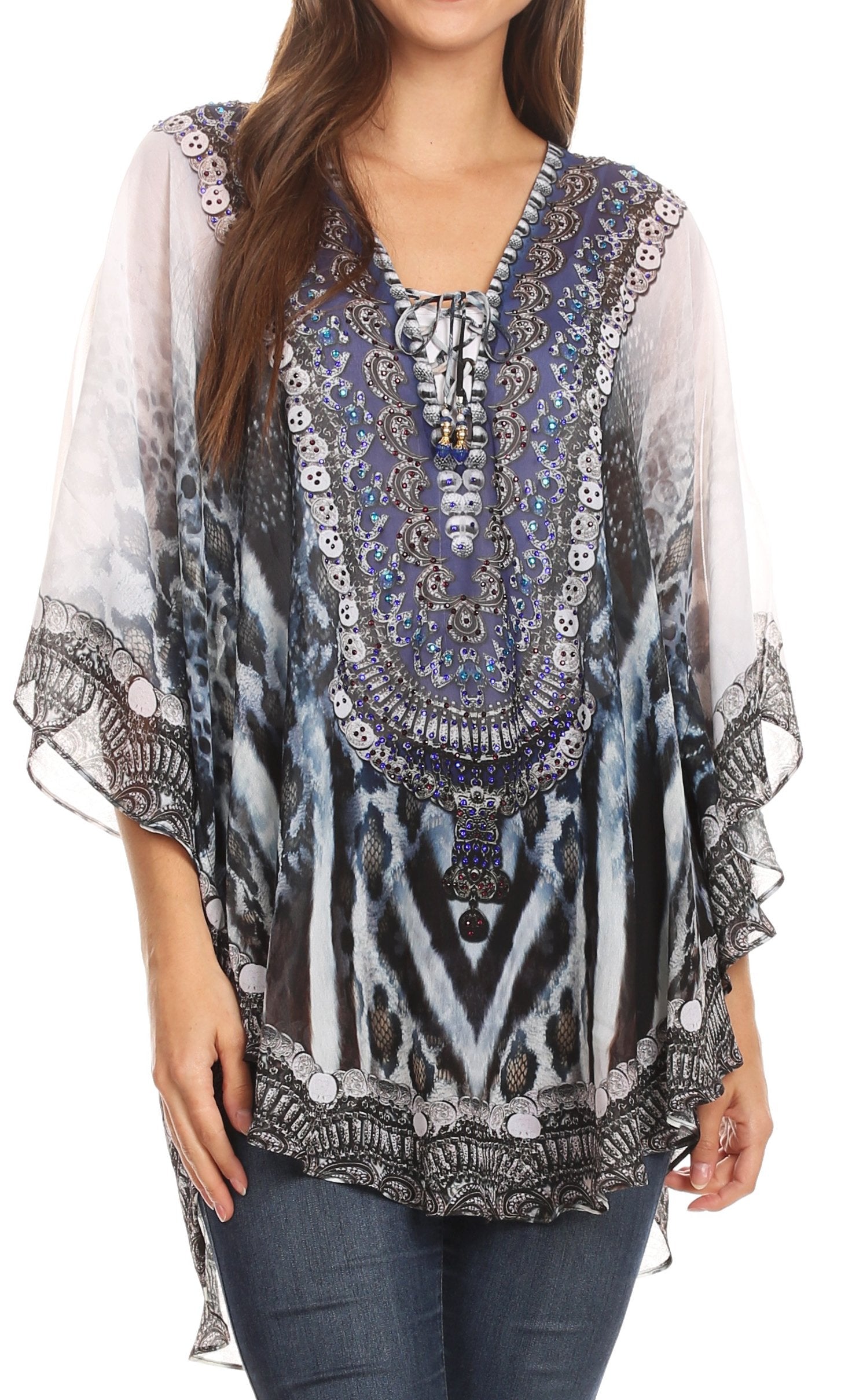 Sakkas - Sloane Printed V Neck Loose Fit Casual Circle Top Blouse with Ties