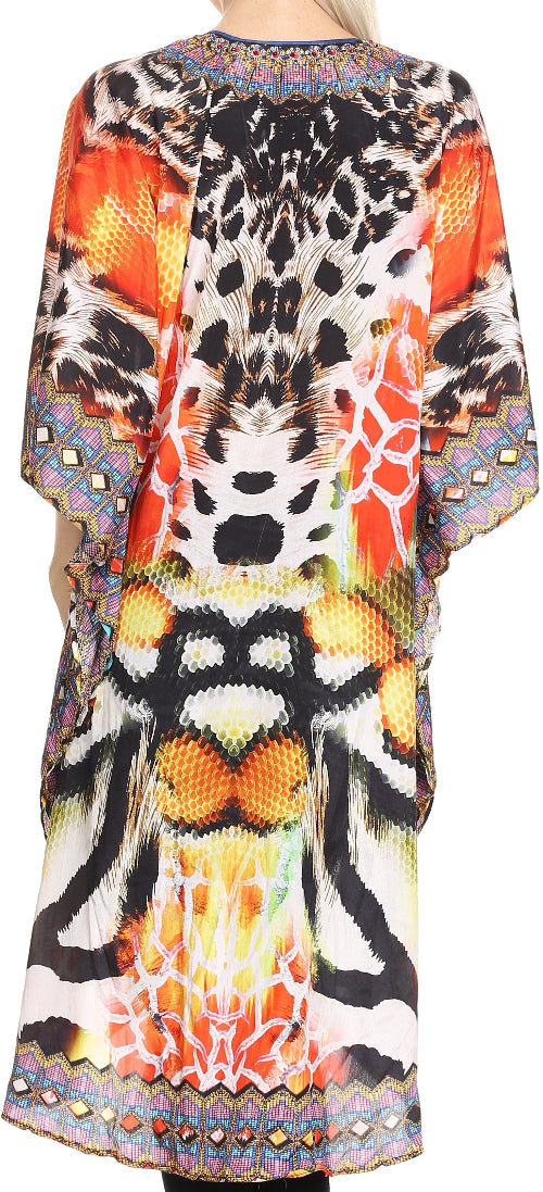 Colorful patterned dress with abstract designs on a plain background